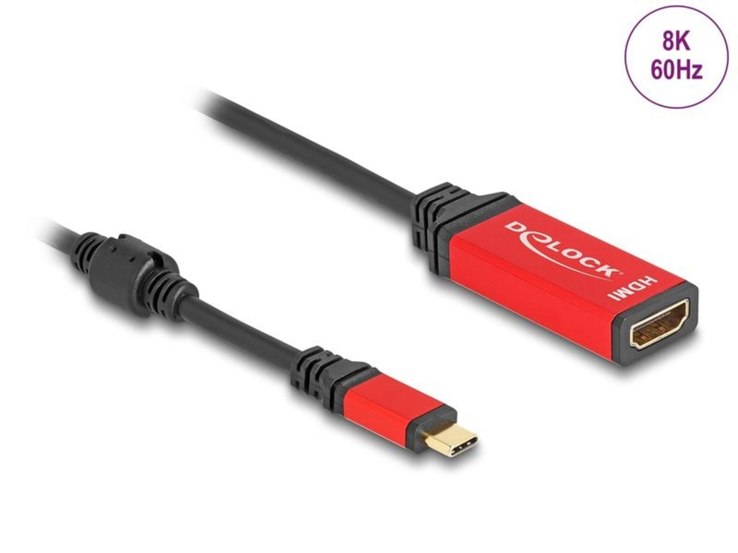 Ein roter Delock HDMI-Adapter mit USB-C-Anschluss und 8K 60Hz.