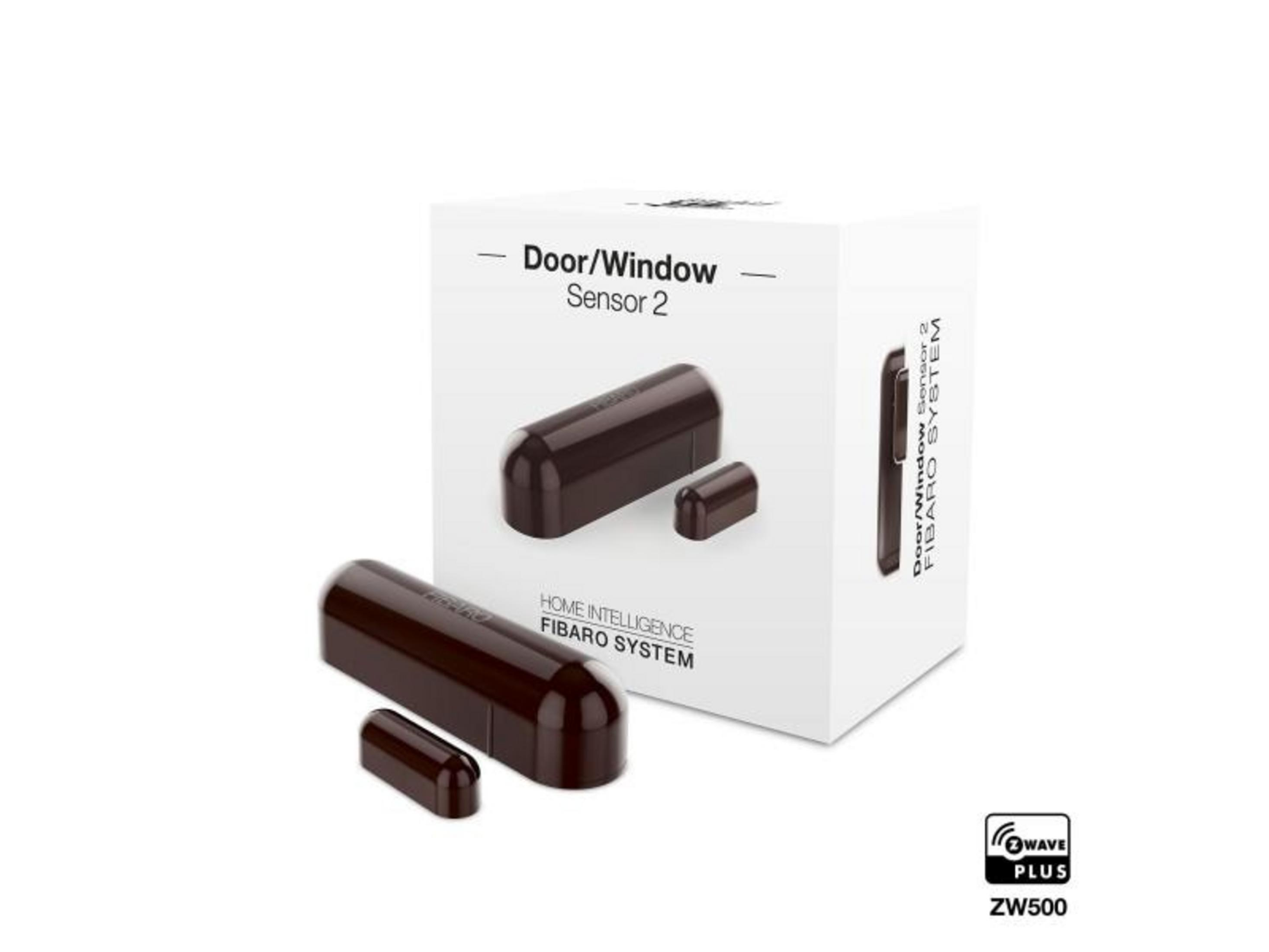Ciemnobrązowe czujniki drzwi/okien i opakowanie z logo Z-Wave Plus.
