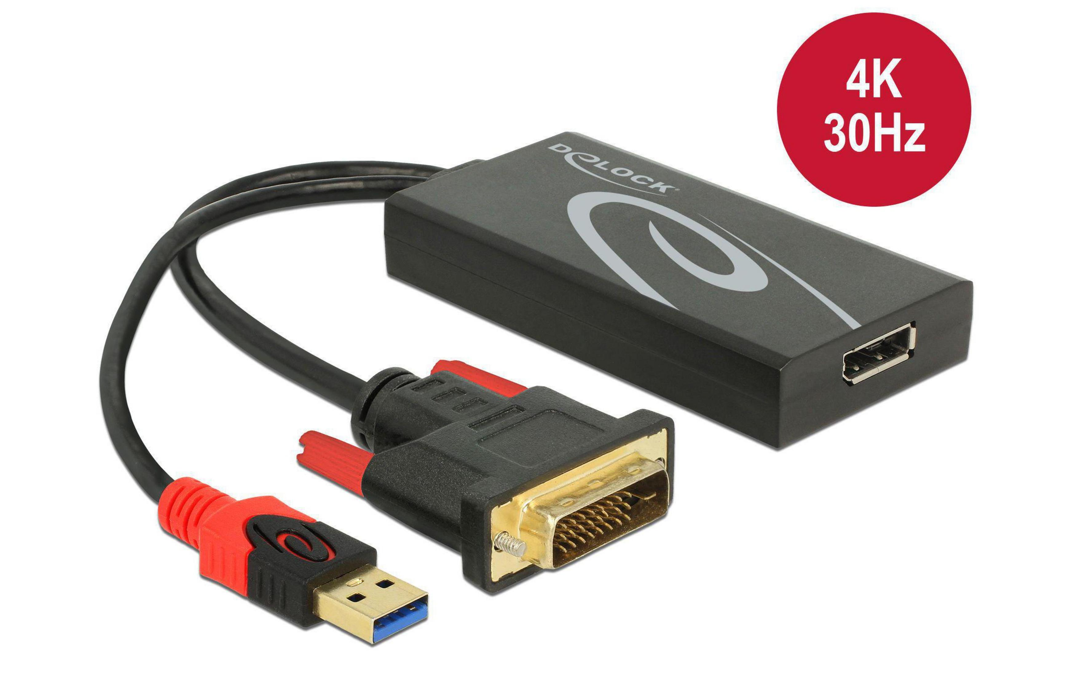 Ein schwarzer Adapter mit USB-A und DVI-Anschluss, 4K 30Hz.