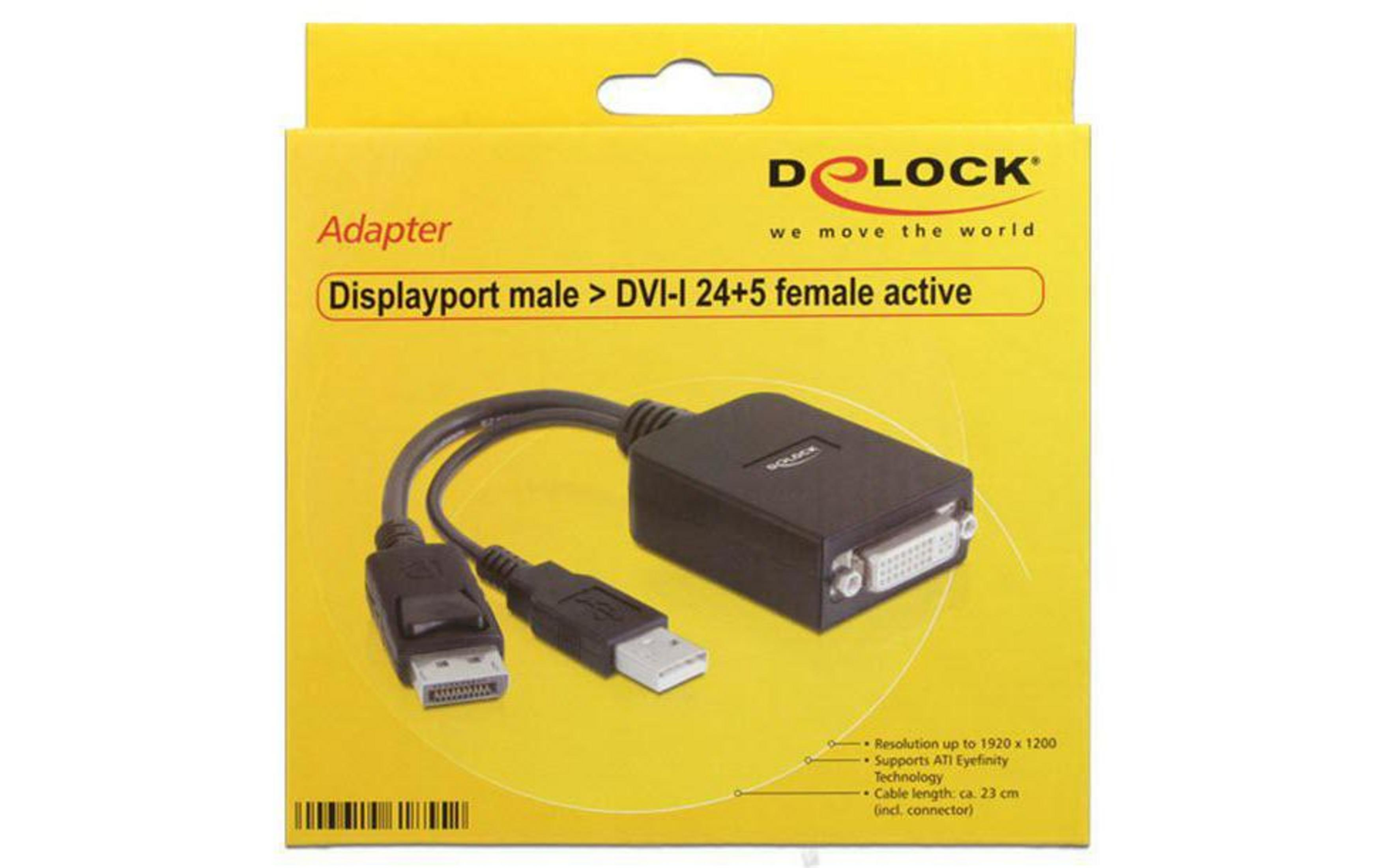 Adaptateur Delock : Displayport mâle vers DVI-I femelle 24+5, actif.