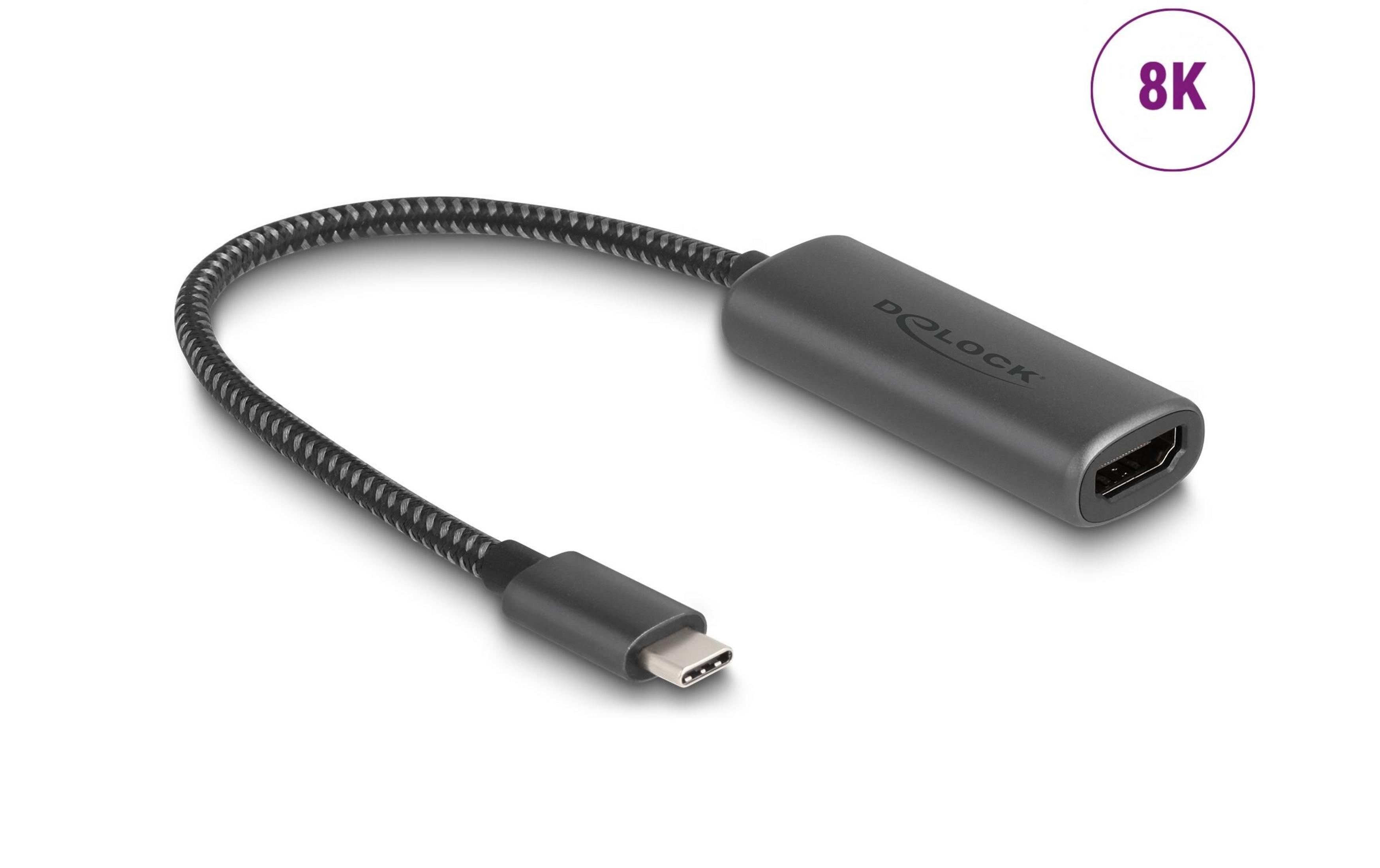 Ein graues USB-C auf HDMI Kabel mit 8K-Unterstützung, Marke DELOCK.