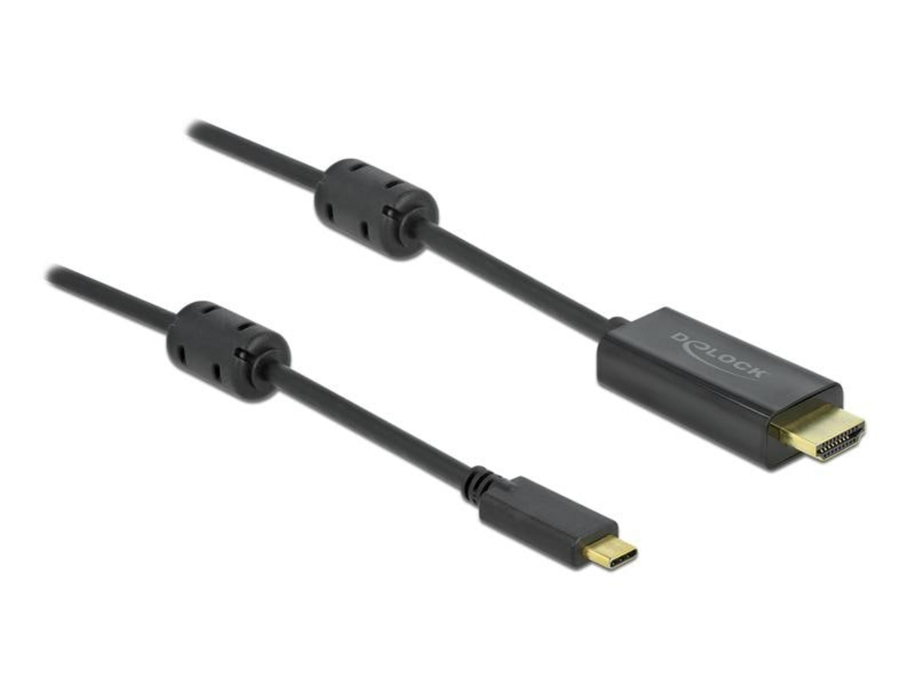 Schwarzes Kabel mit HDMI- und USB-C-Steckern, mit Ferritkernen.