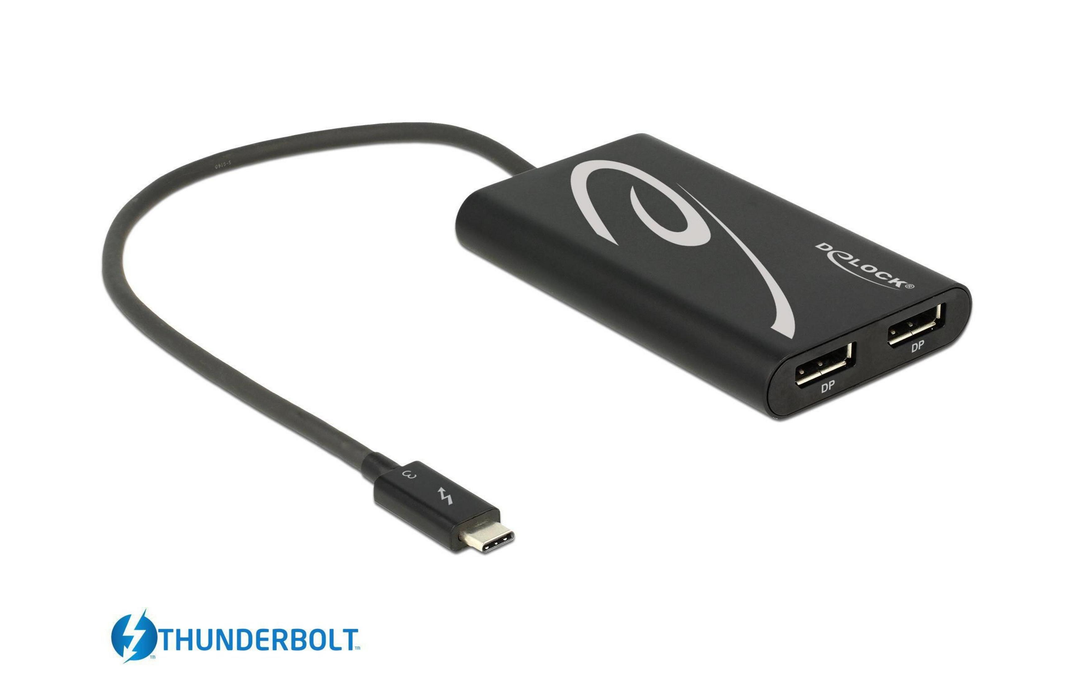 Schwarzer USB-C-Adapter mit zwei USB-A-Anschlüssen und Thunderbolt-Logo.