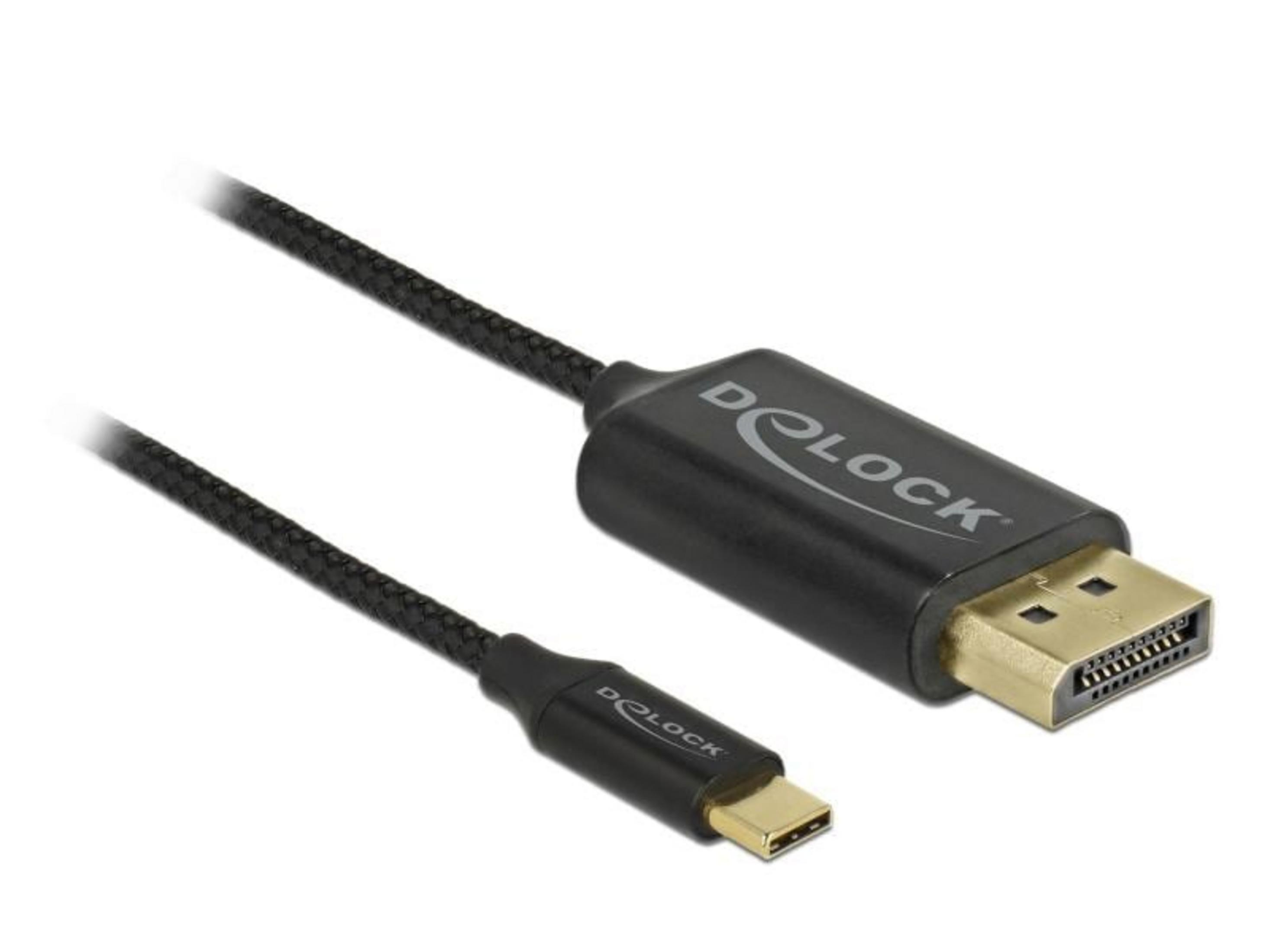 Ein schwarzes Kabel mit DisplayPort- und USB-C-Steckern.
