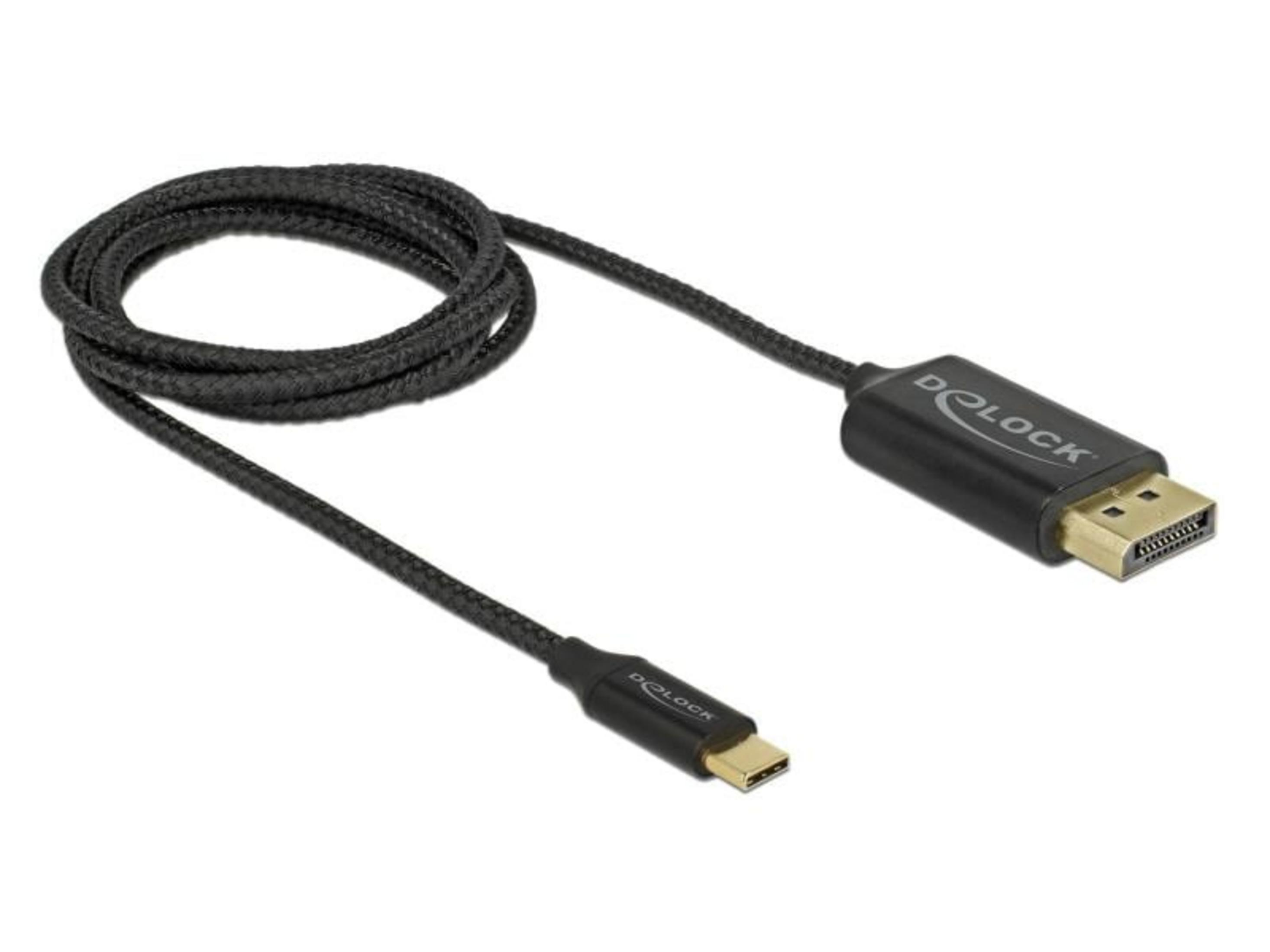 Ein schwarzes Kabel mit DisplayPort- und USB-C-Anschluss, Marke Delock.