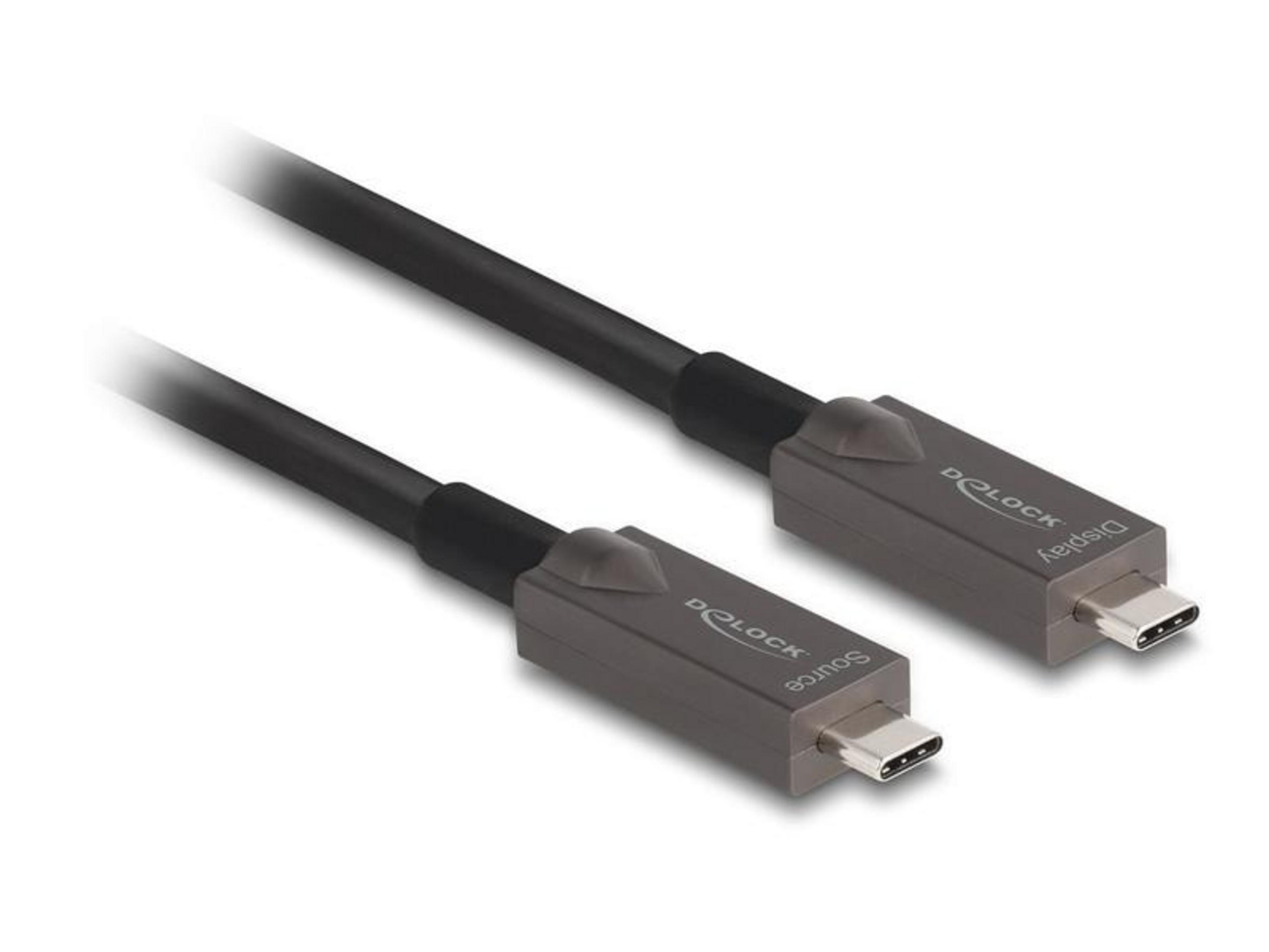 Ein schwarzes USB-C-Kabel mit grauen Anschlüssen, beschriftet mit 'Source' und 'Display'.