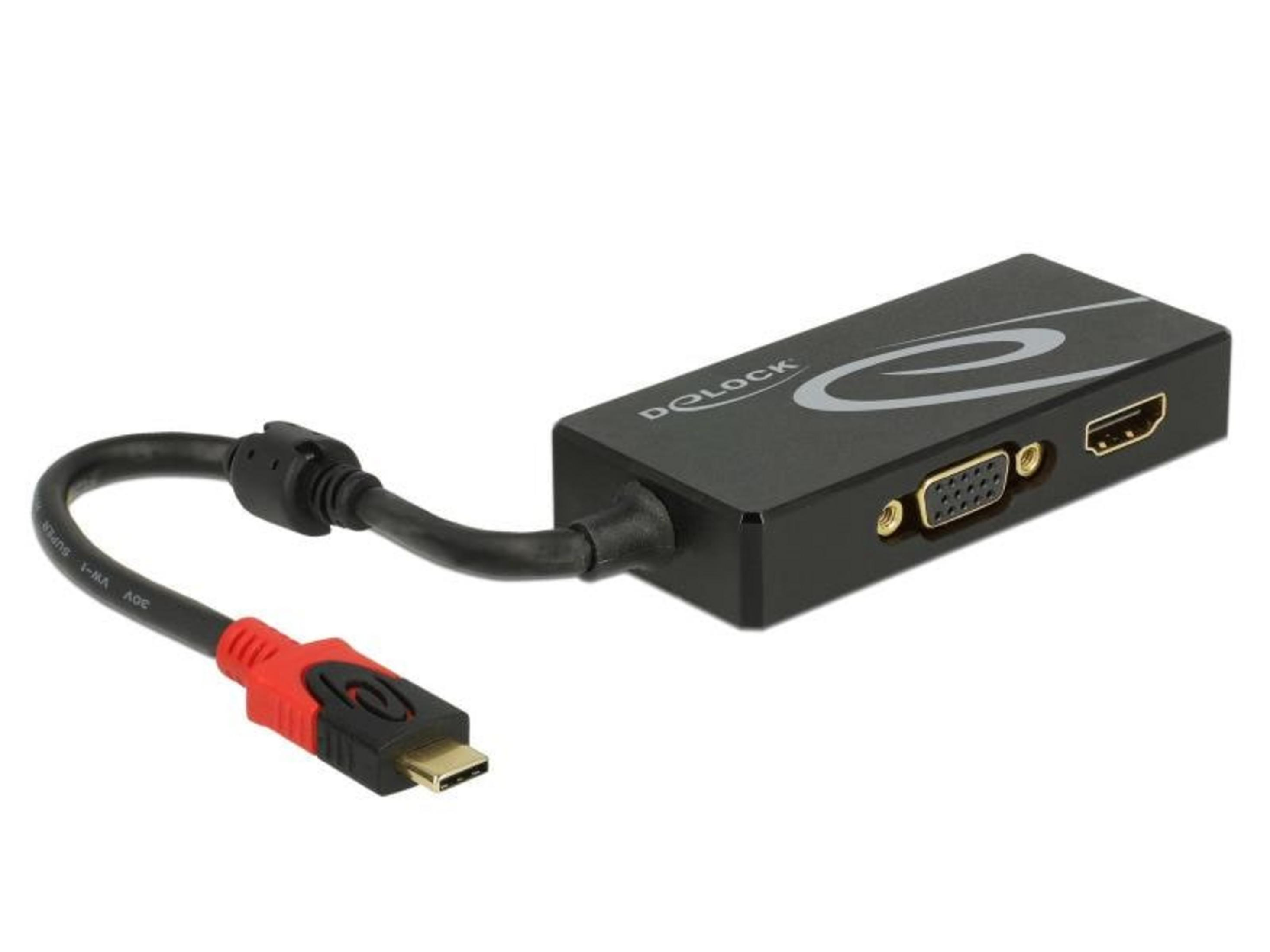 Ein schwarzer Delock-Adapter mit HDMI-, VGA- und USB-C-Anschluss auf weißem Hintergrund.