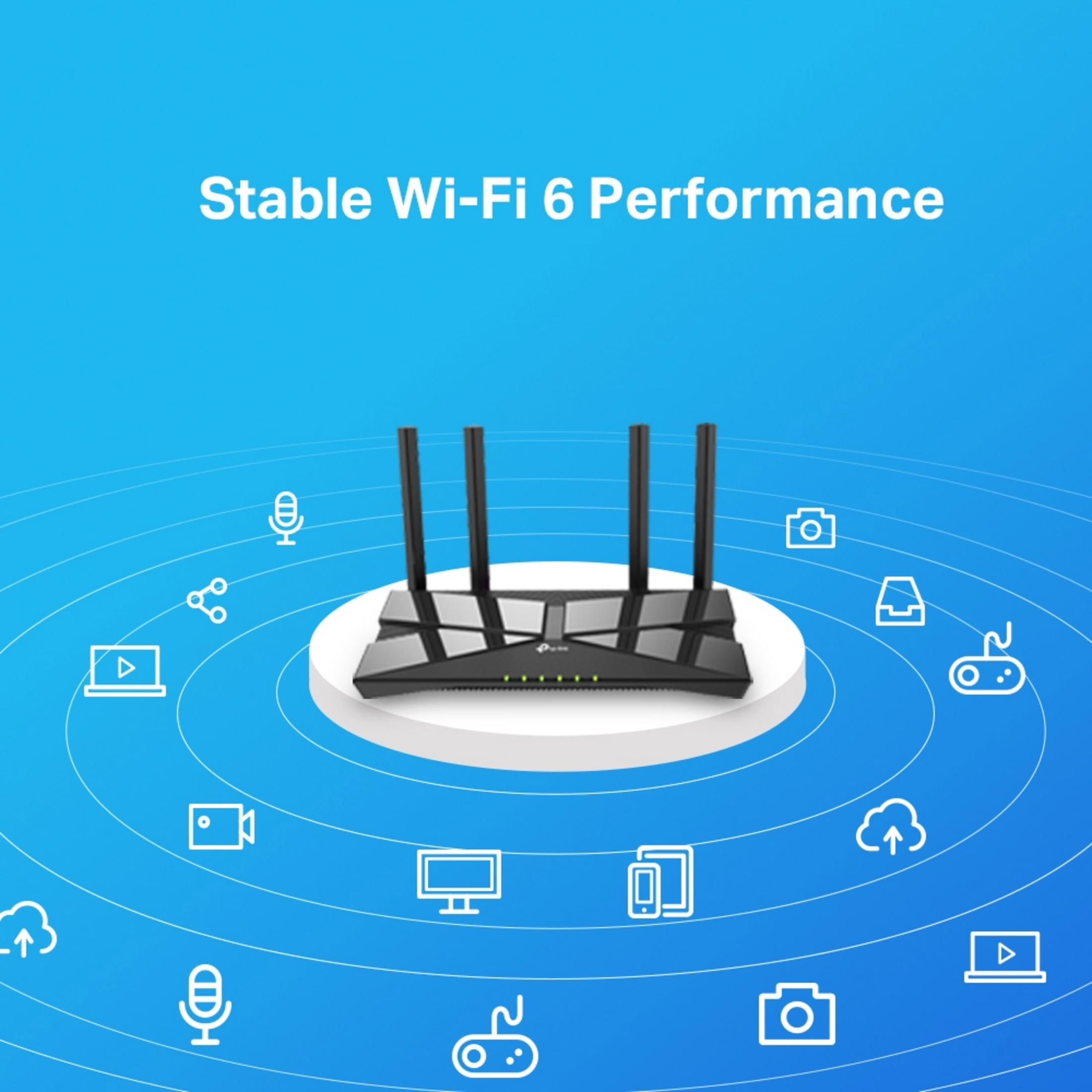 Nowoczesny router Wi-Fi z czterema antenami na białym postumencie, otoczony ikonami.