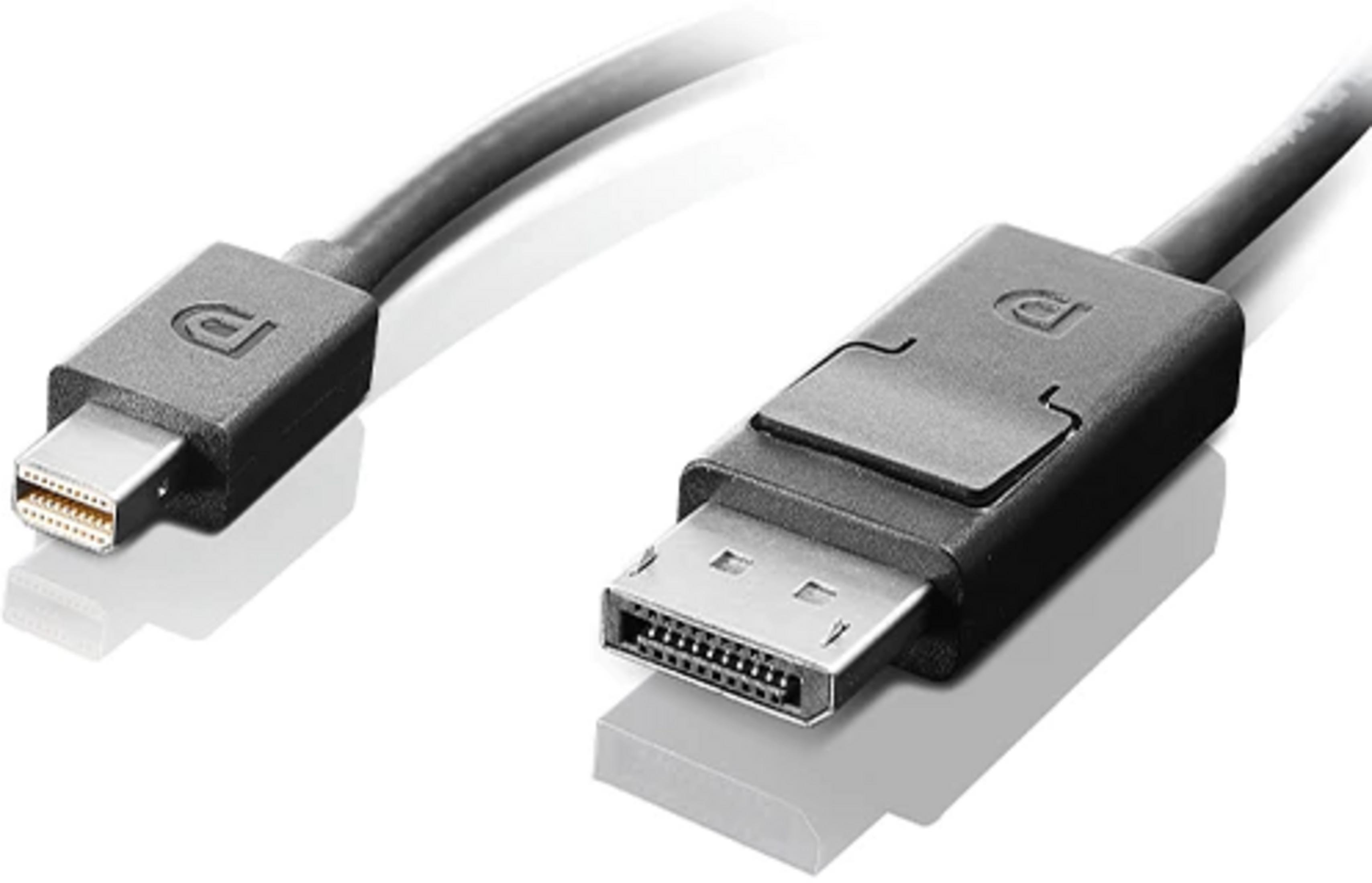 Een zwarte kabel met twee connectoren, Mini DisplayPort en DisplayPort.