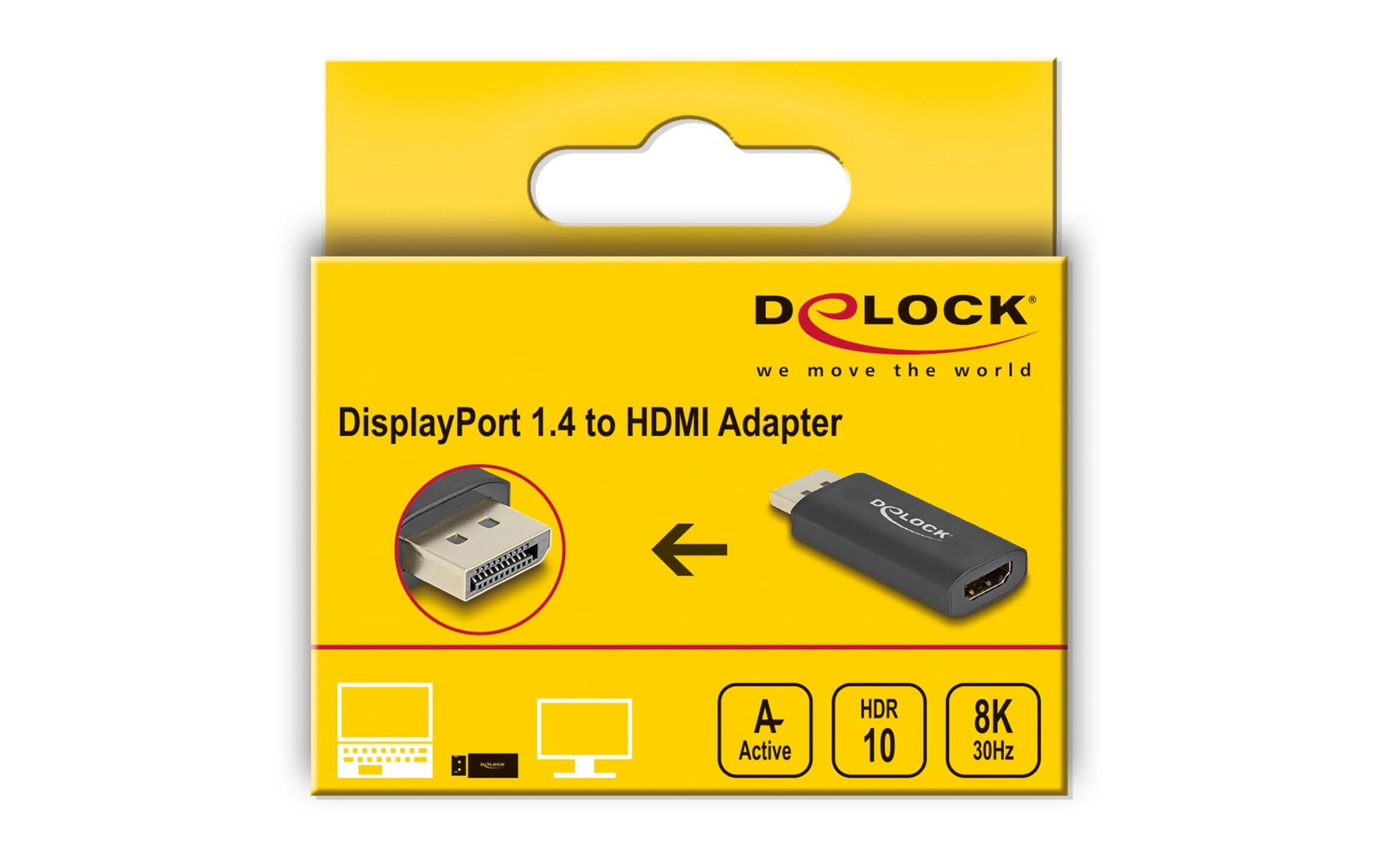 Adapter Delock DisplayPort 1.4 do HDMI. Czarny, z ikonami 'A Active', 'HDR 10' i '8K 30Hz'.
