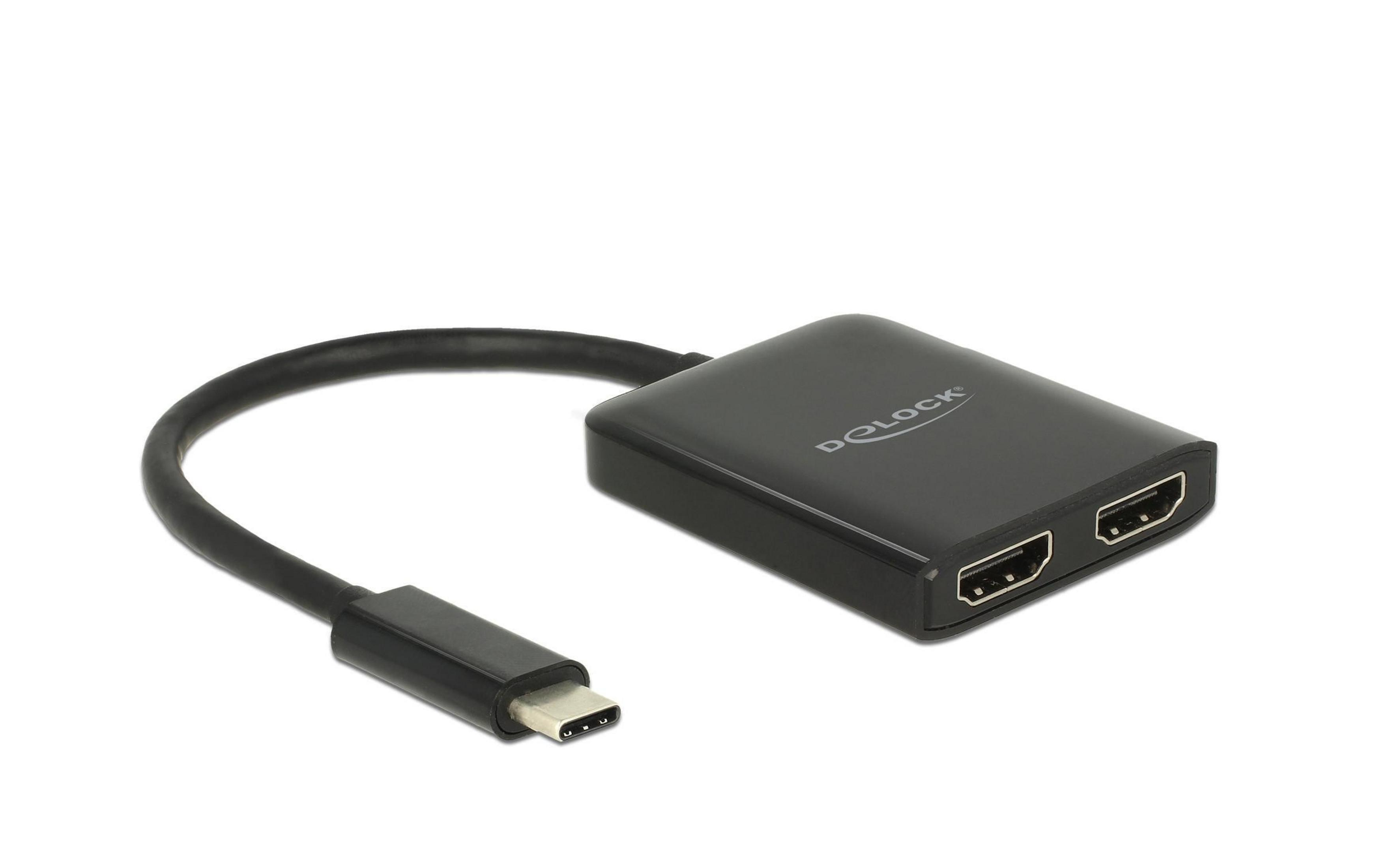 Ein schwarzer USB-C auf zwei HDMI Adapter mit Kabel, auf weißem Hintergrund.
