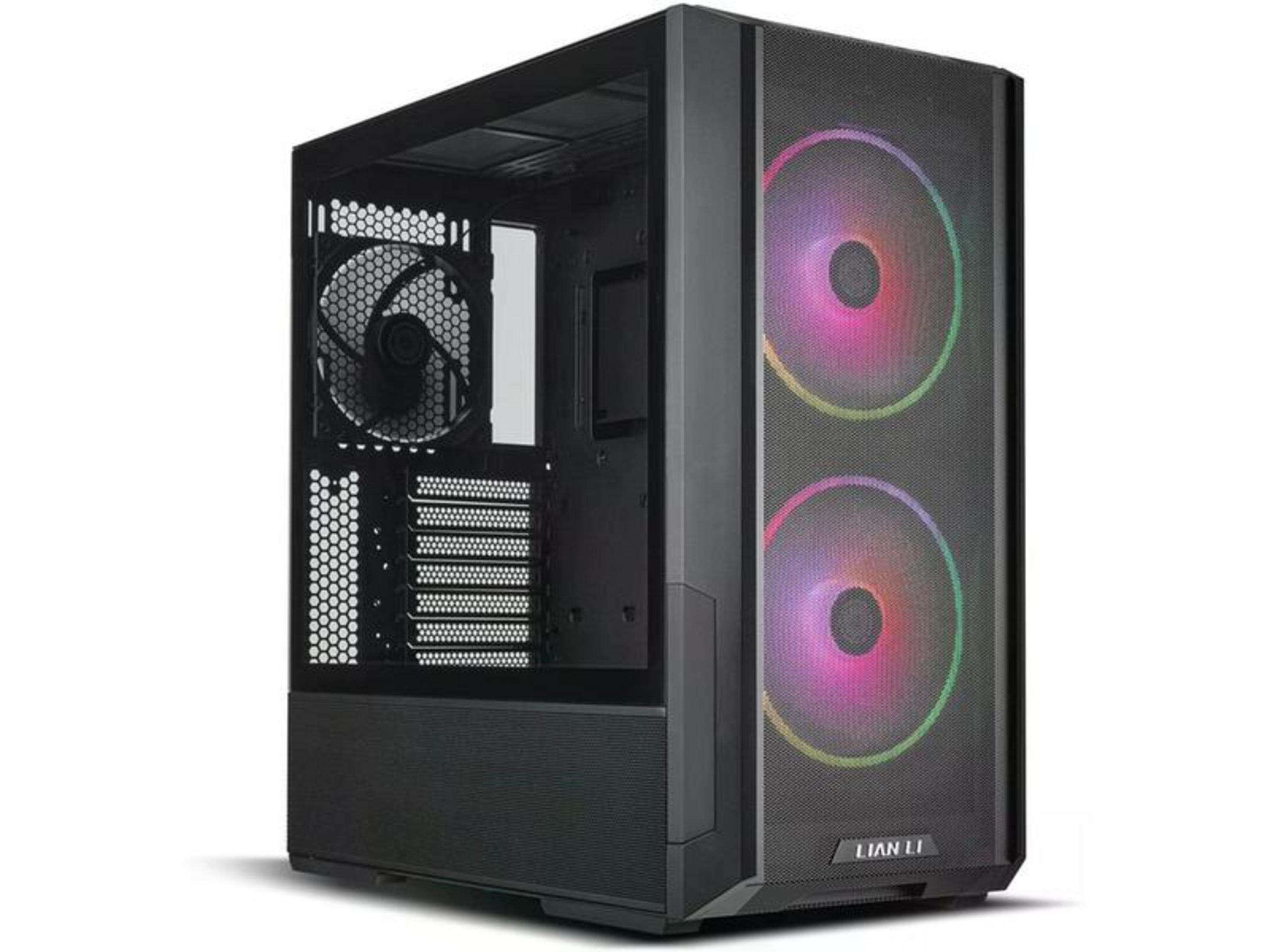 Czarna obudowa PC z wentylatorami RGB i otwartym panelem.