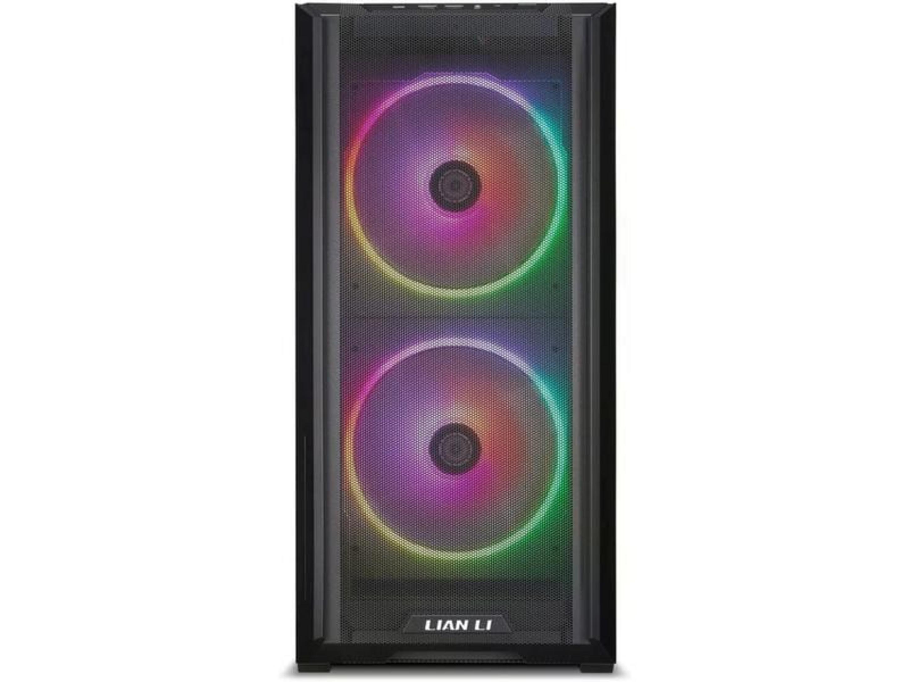 Czarna obudowa komputera z dwoma podświetlanymi wentylatorami i logo LIAN LI.