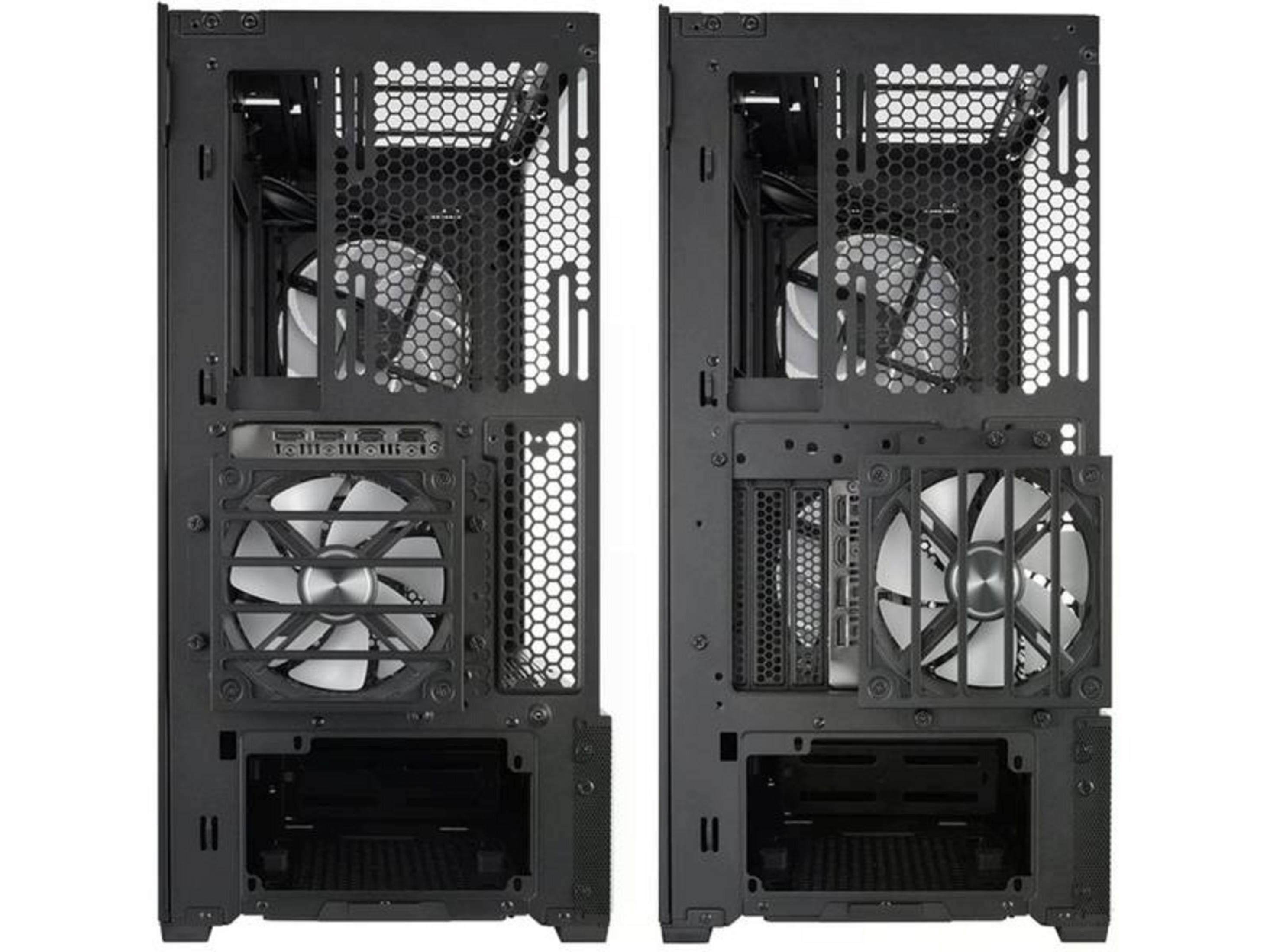 Dwa czarne obudowy komputerowe obok siebie, widok z tyłu pokazujący wentylatory i porty.