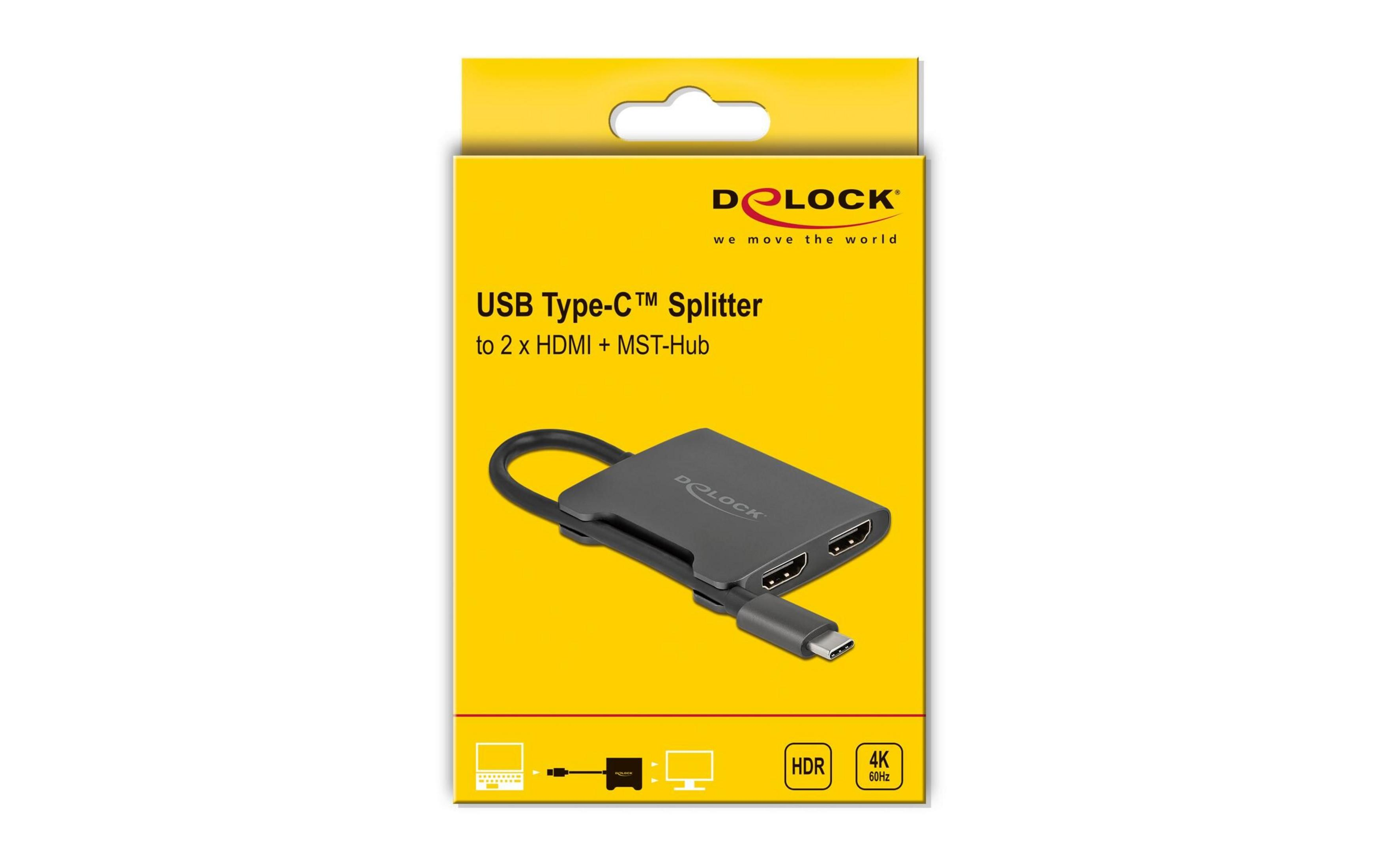USB-C Splitter mit 2 HDMI-Anschlüssen und MST-Hub-Funktion.