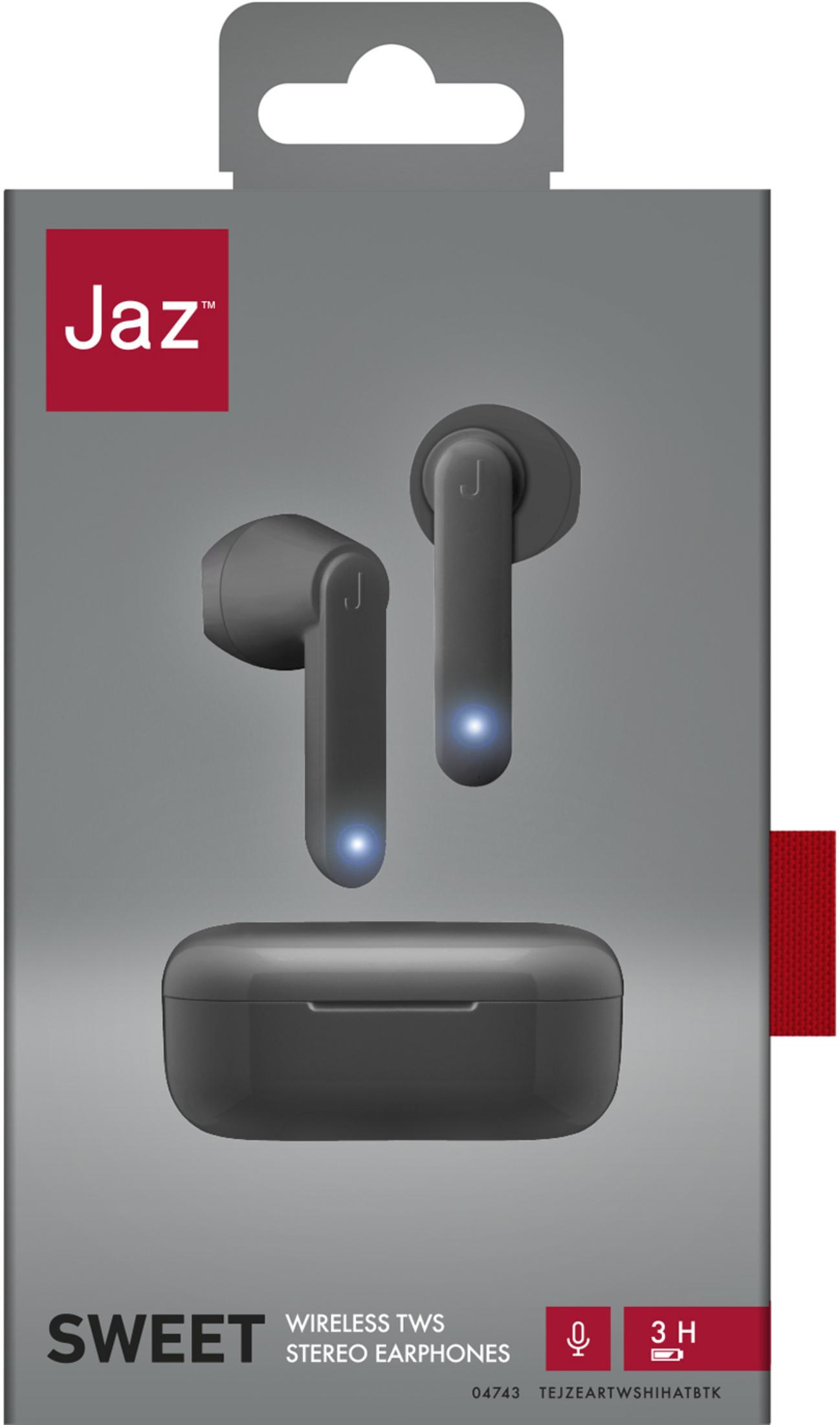 Auriculares estéreo Jaz™ grises con estuche de carga y luces azules.