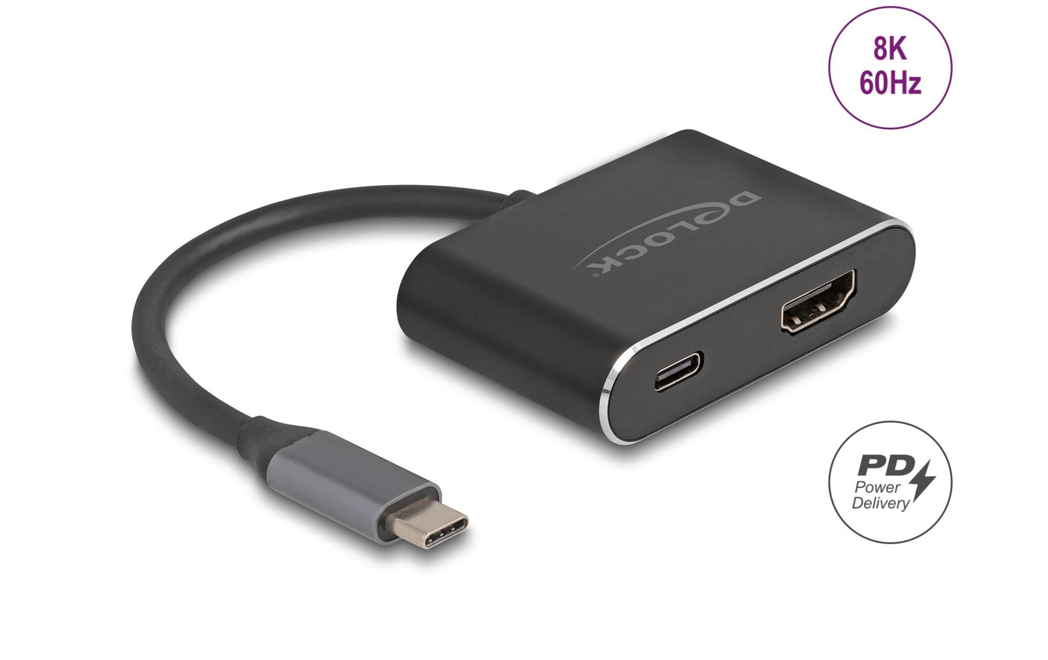 Ein schwarzer USB-C-Adapter mit HDMI-Anschluss und PD-Symbol.