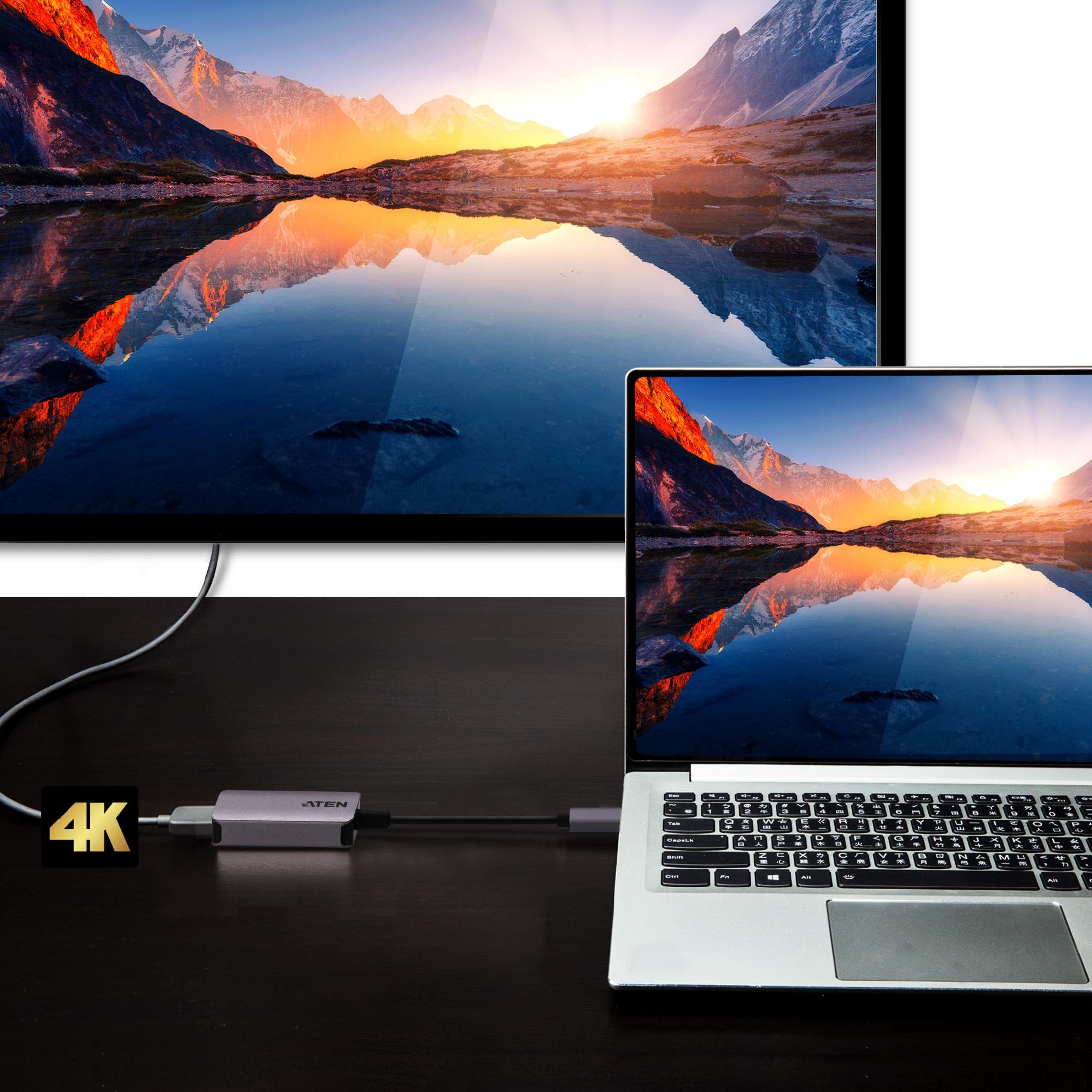 Ein Laptop und ein Monitor zeigen ein Bergpanorama mit Spiegelung im Wasser.