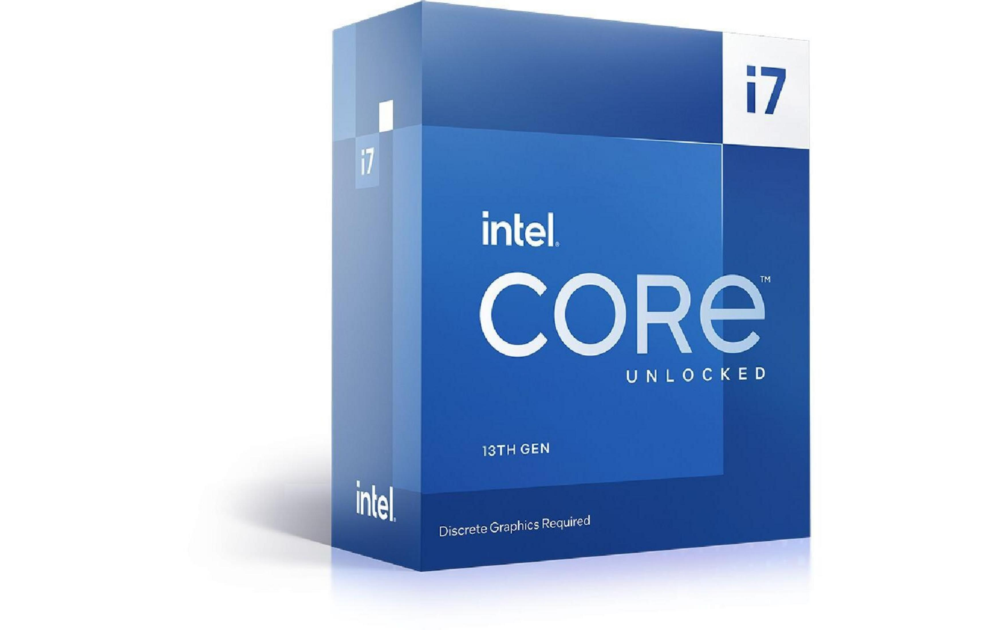 Scatola processore Intel Core i7, 13a Gen, blu e bianco con testo.