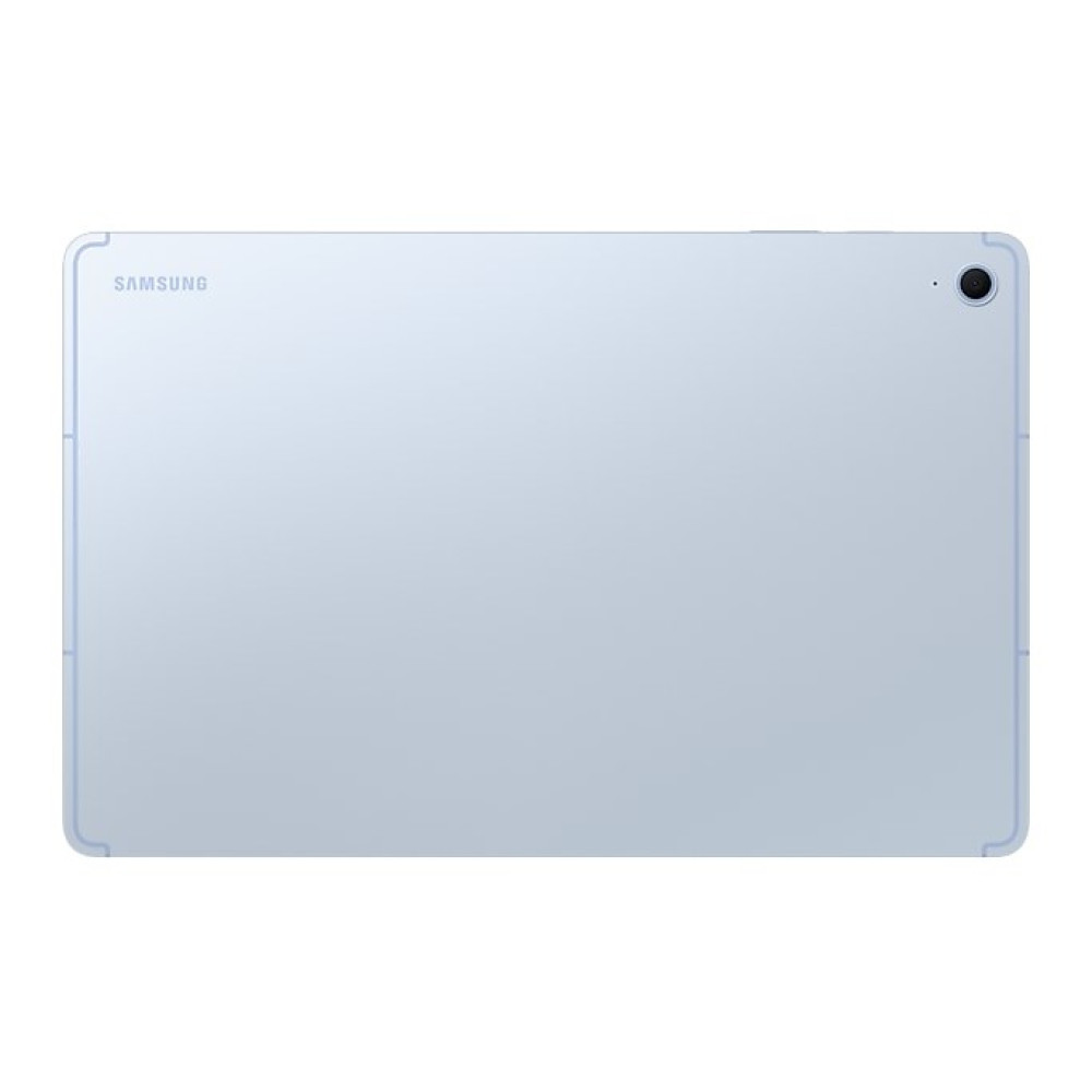 Retro di un tablet Samsung azzurro con modulo fotocamera e logo.