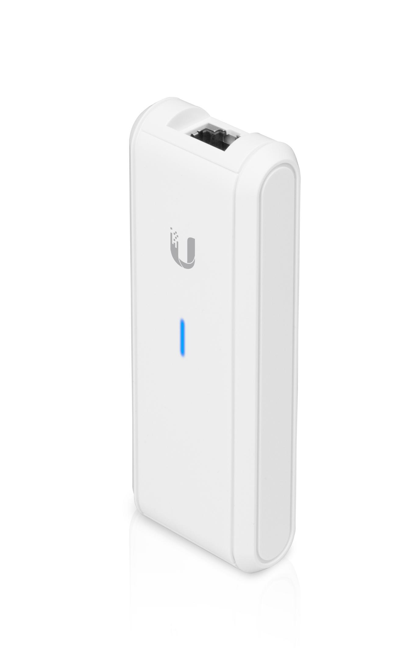 Ein weißes, rechteckiges Gerät mit einem Ethernet-Anschluss und einem blauen Licht.
