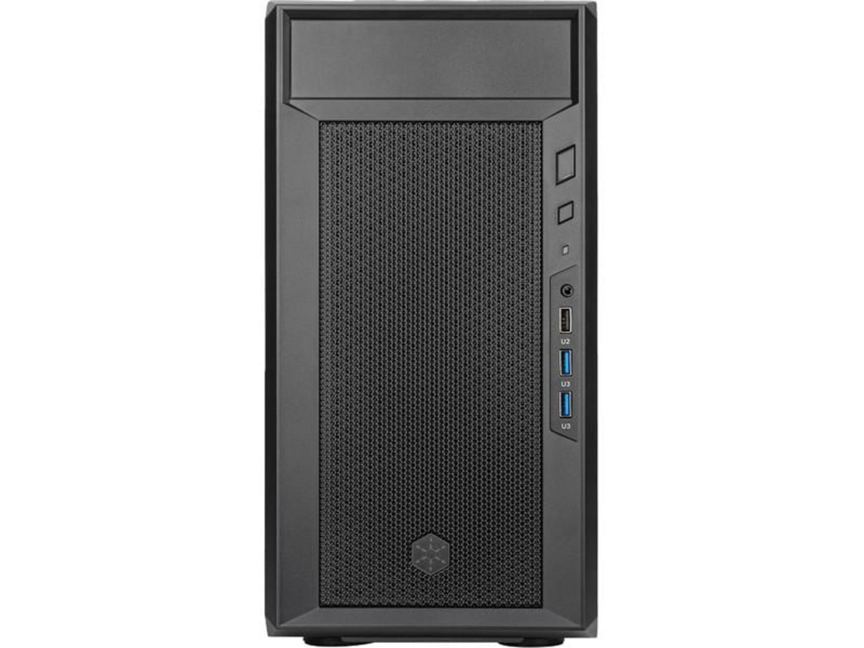 Ein schwarzes Computergehäuse mit einem Mesh-Frontpanel und USB-Anschlüssen.
