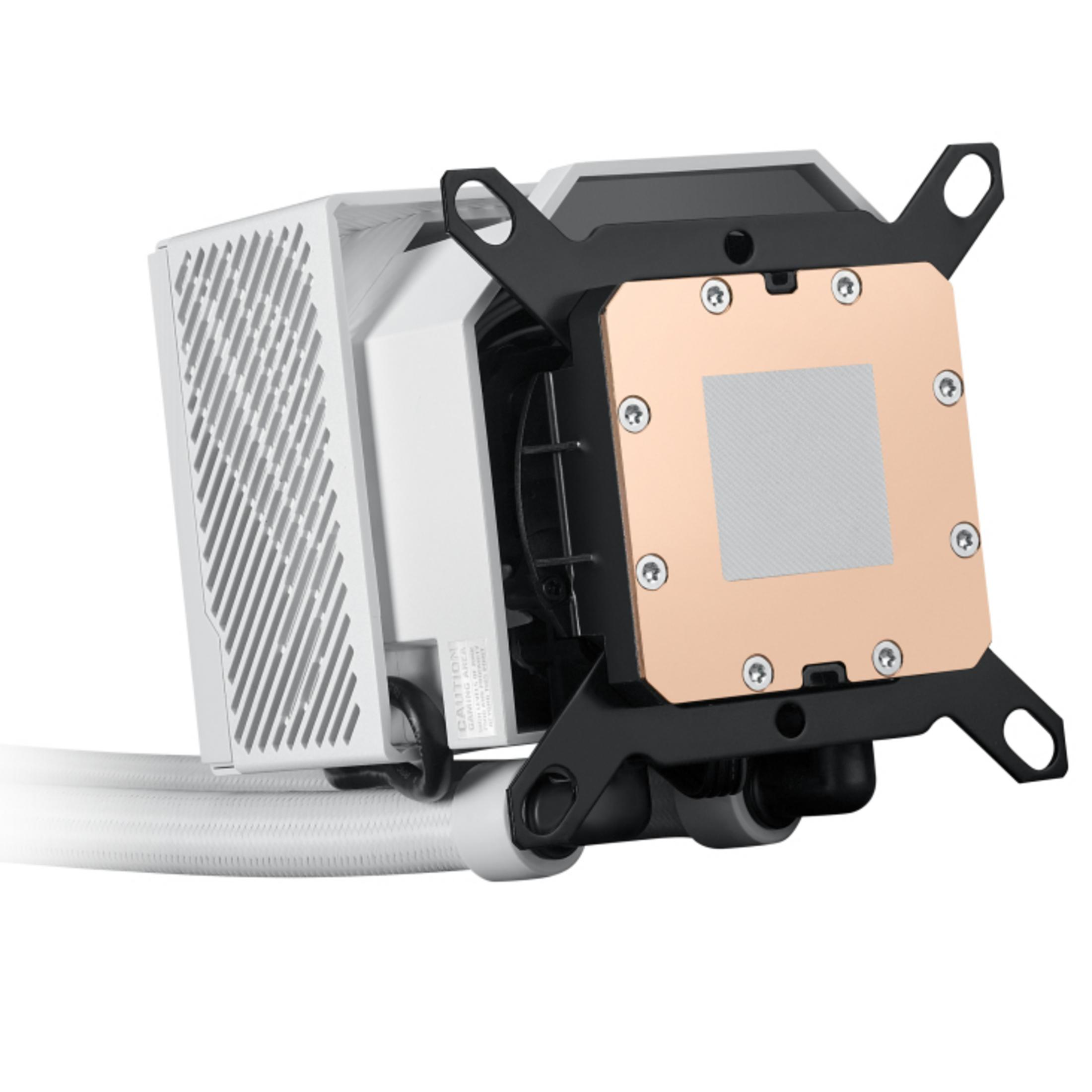 Biała chłodnica CPU z miedzianą podstawą i wentylatorem.