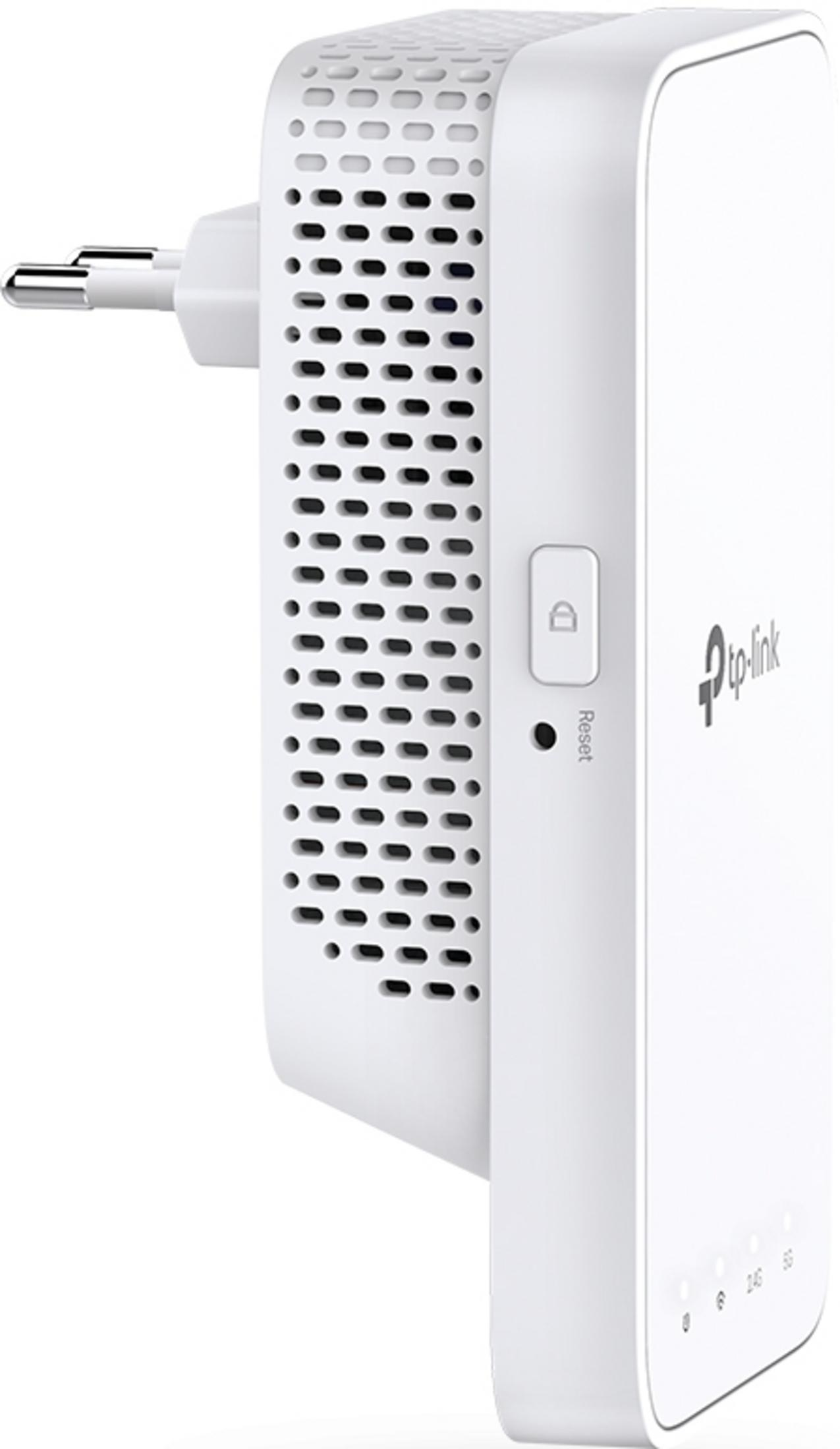 Beyaz TP-Link Wi-Fi genişletici, fişli, sıfırlama düğmeli ve LED'li.