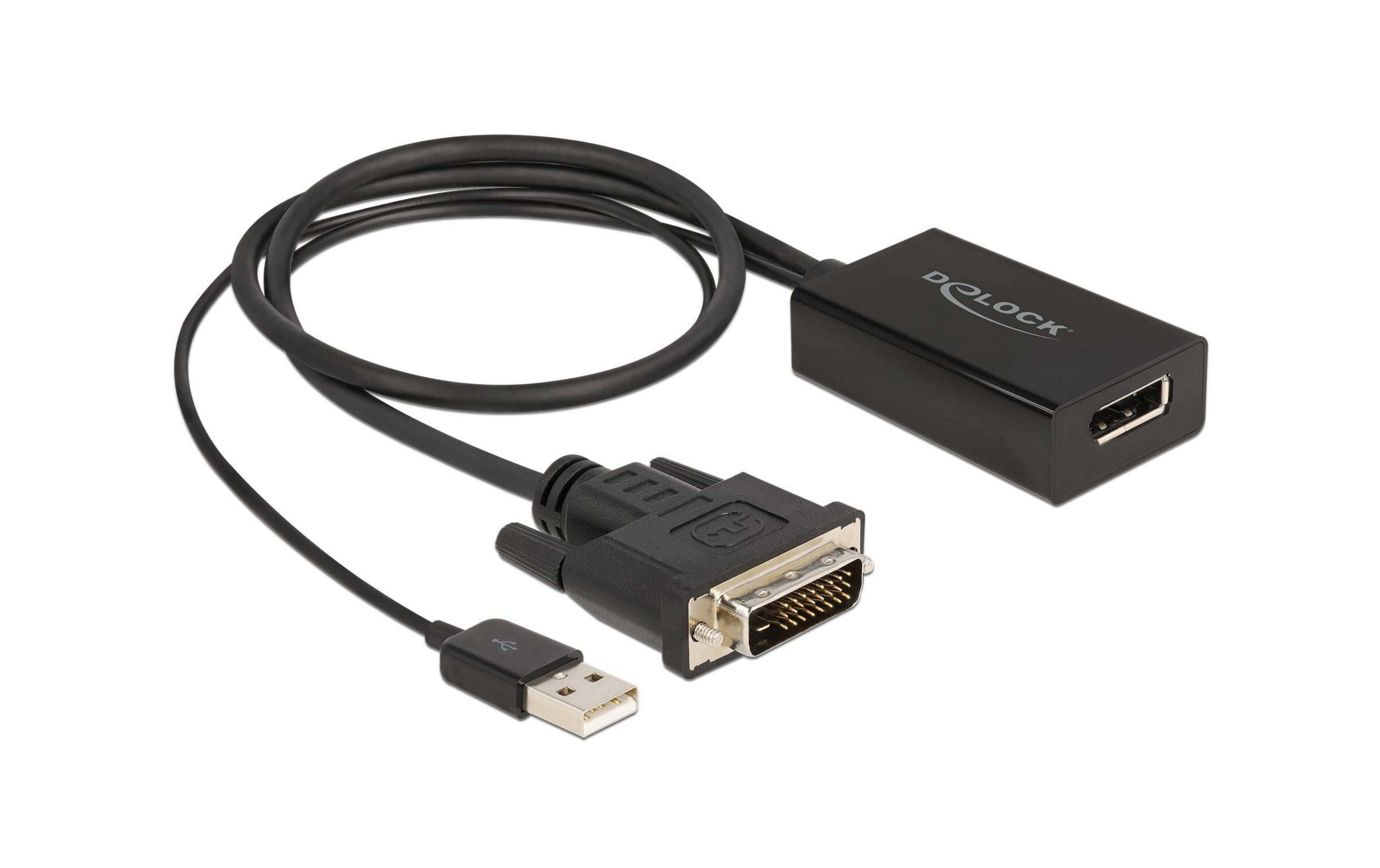 Ein schwarzes Kabel mit DVI- und USB-Anschluss und einem schwarzen Adapter.