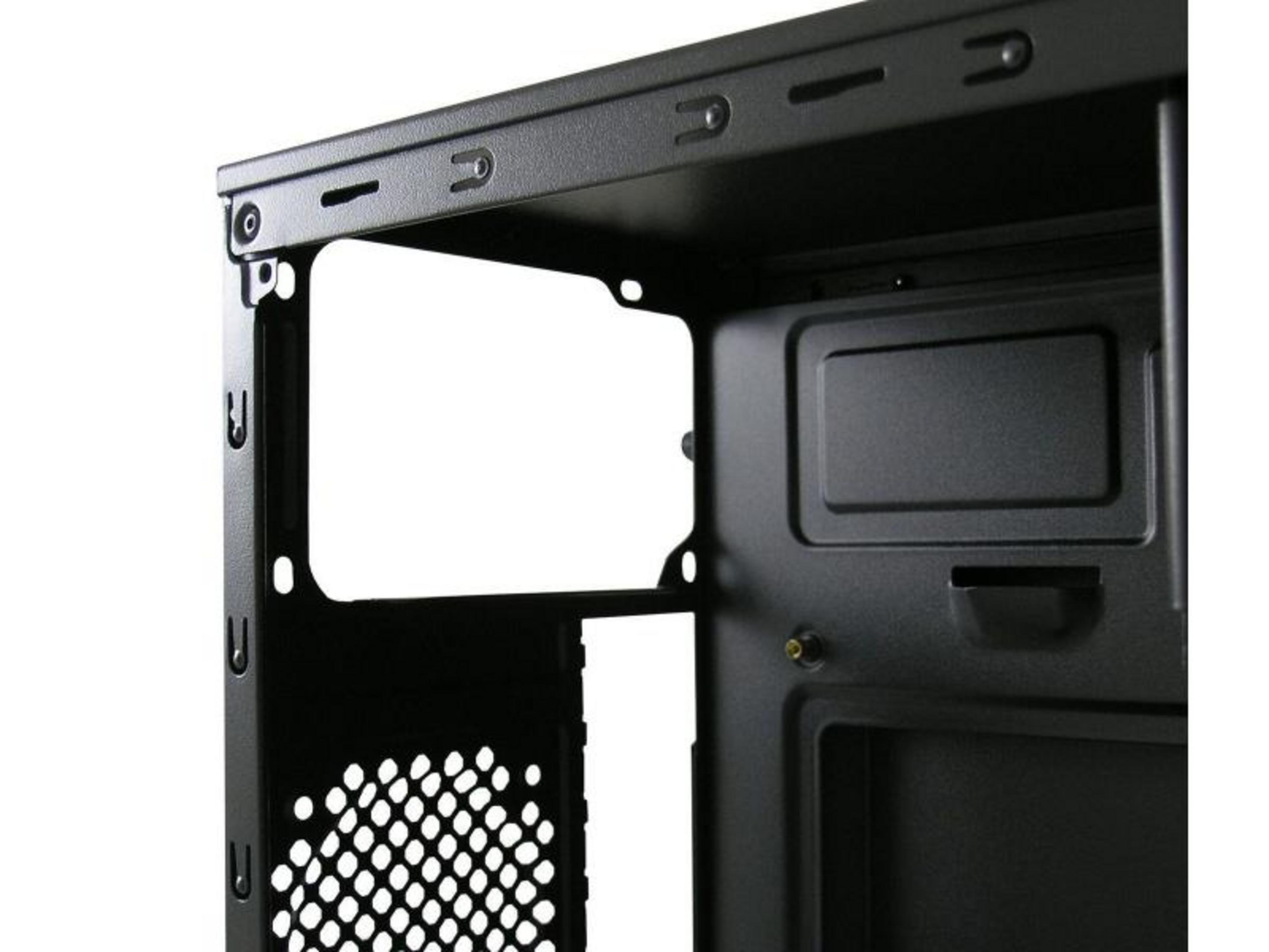 Czarne podwozie obudowy komputera z otworami wentylacyjnymi i punktami montażowymi.