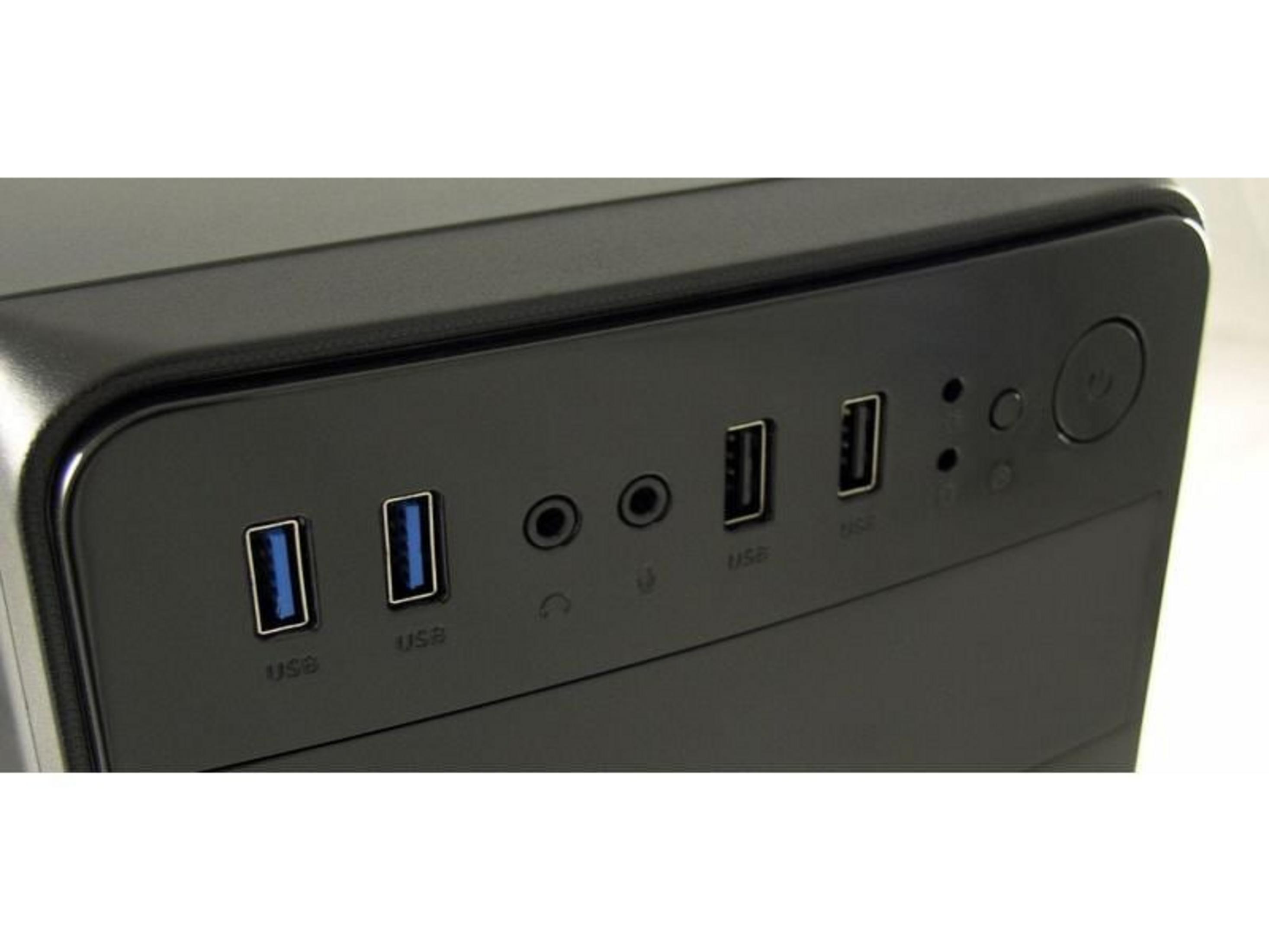 Czarna obudowa komputera z portami USB, gniazdami audio i przyciskiem zasilania.