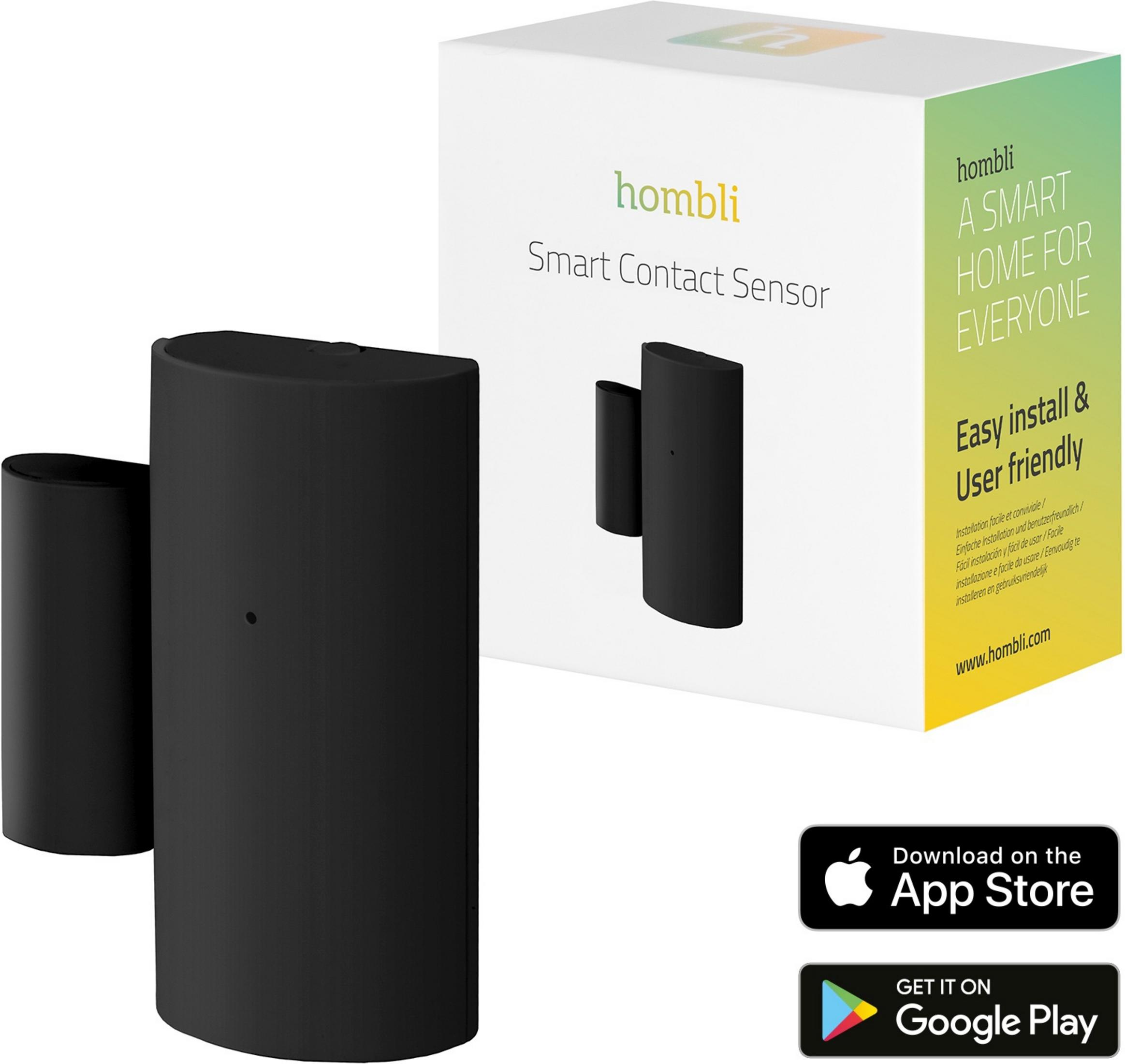 Schwarzer Hombli Smart Contact Sensor mit Verpackung, App Store und Google Play Logos.