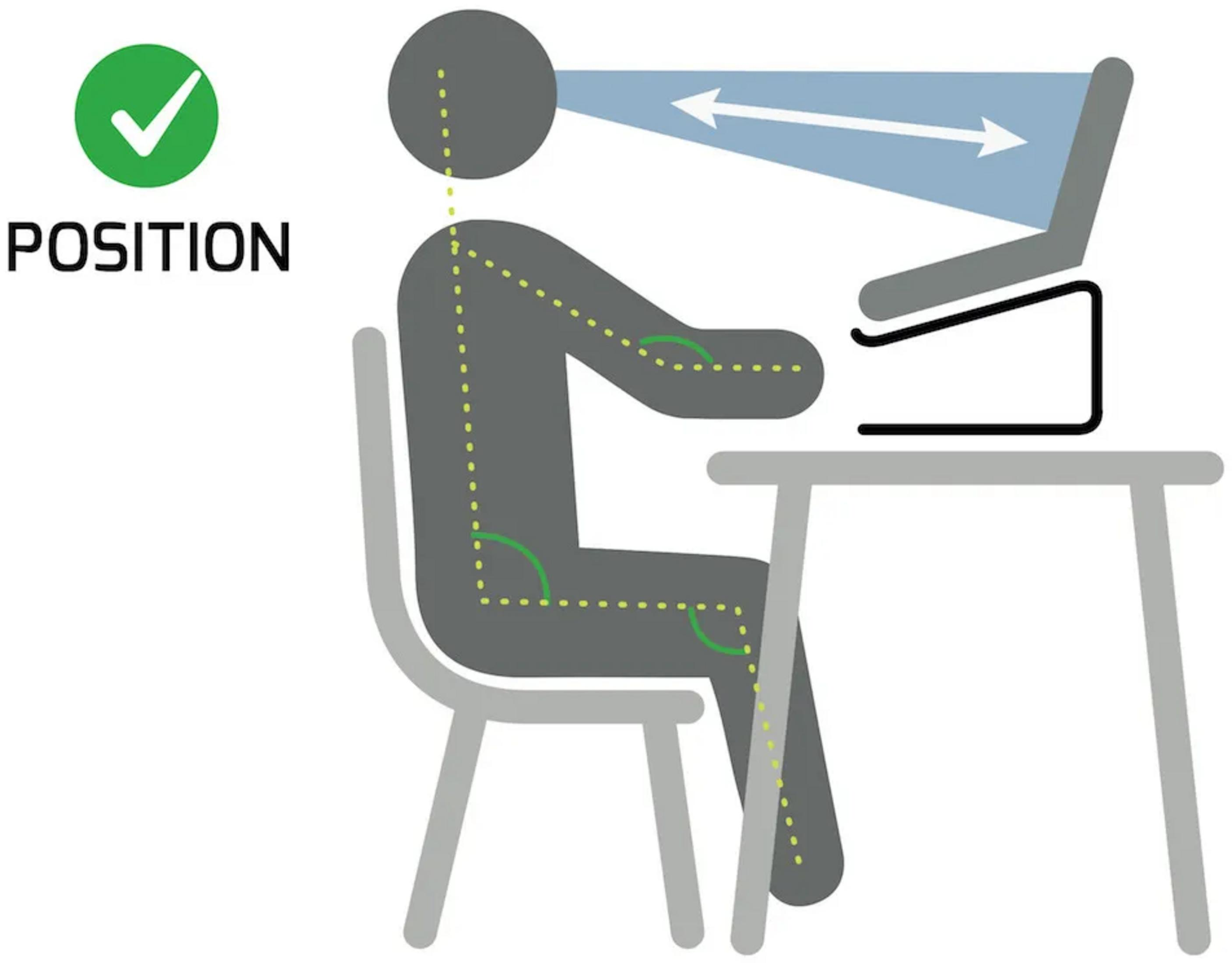 Prawidłowa postawa przy biurku: Siedzenie wyprostowane, monitor na wysokości oczu.