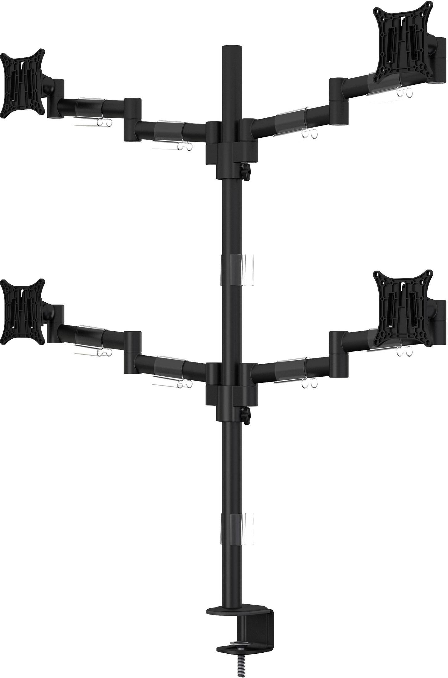 Supporto da scrivania nero per quattro monitor con bracci articolati e VESA.