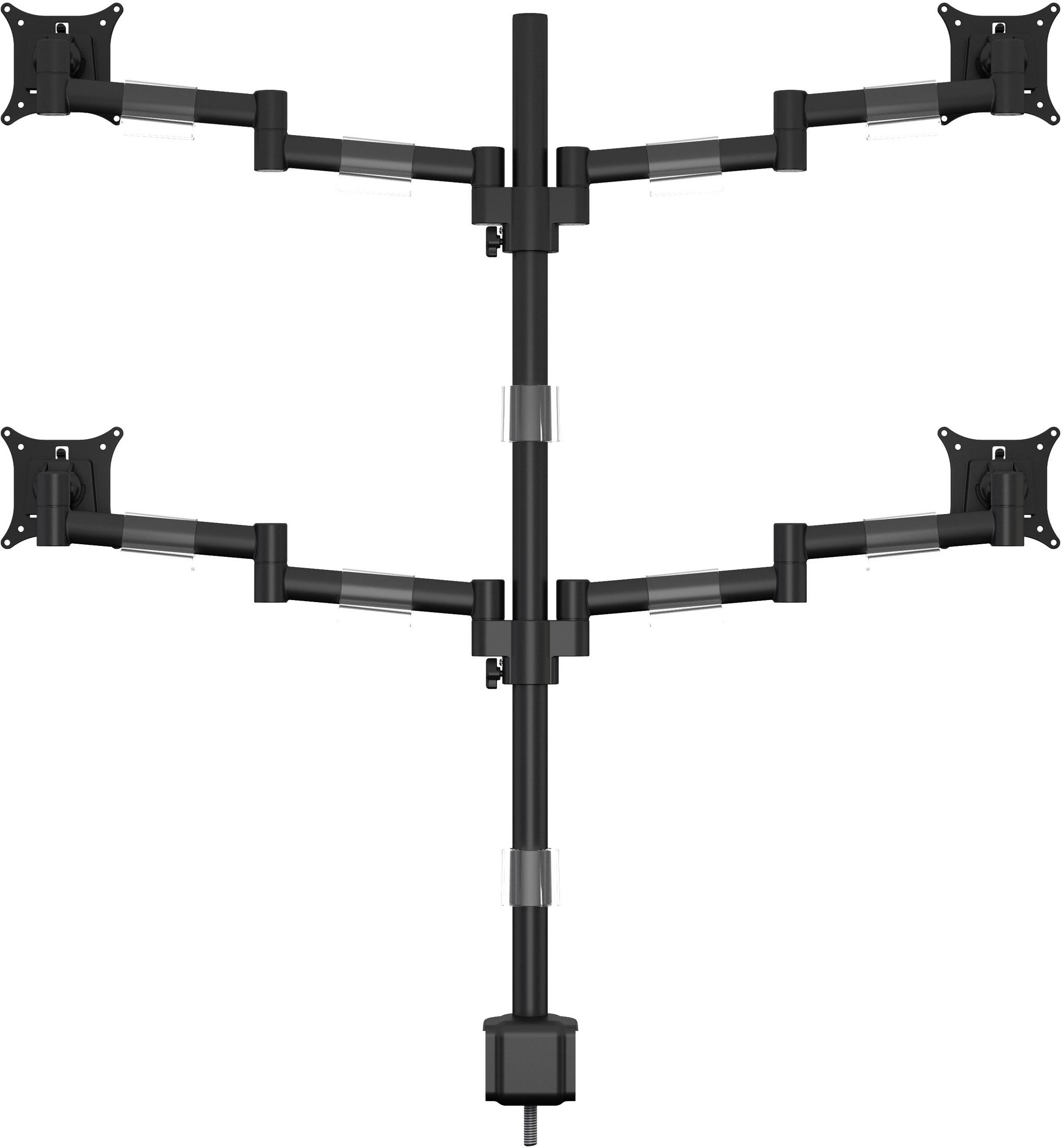 Un supporto a braccio per quattro monitor neri su sfondo bianco.