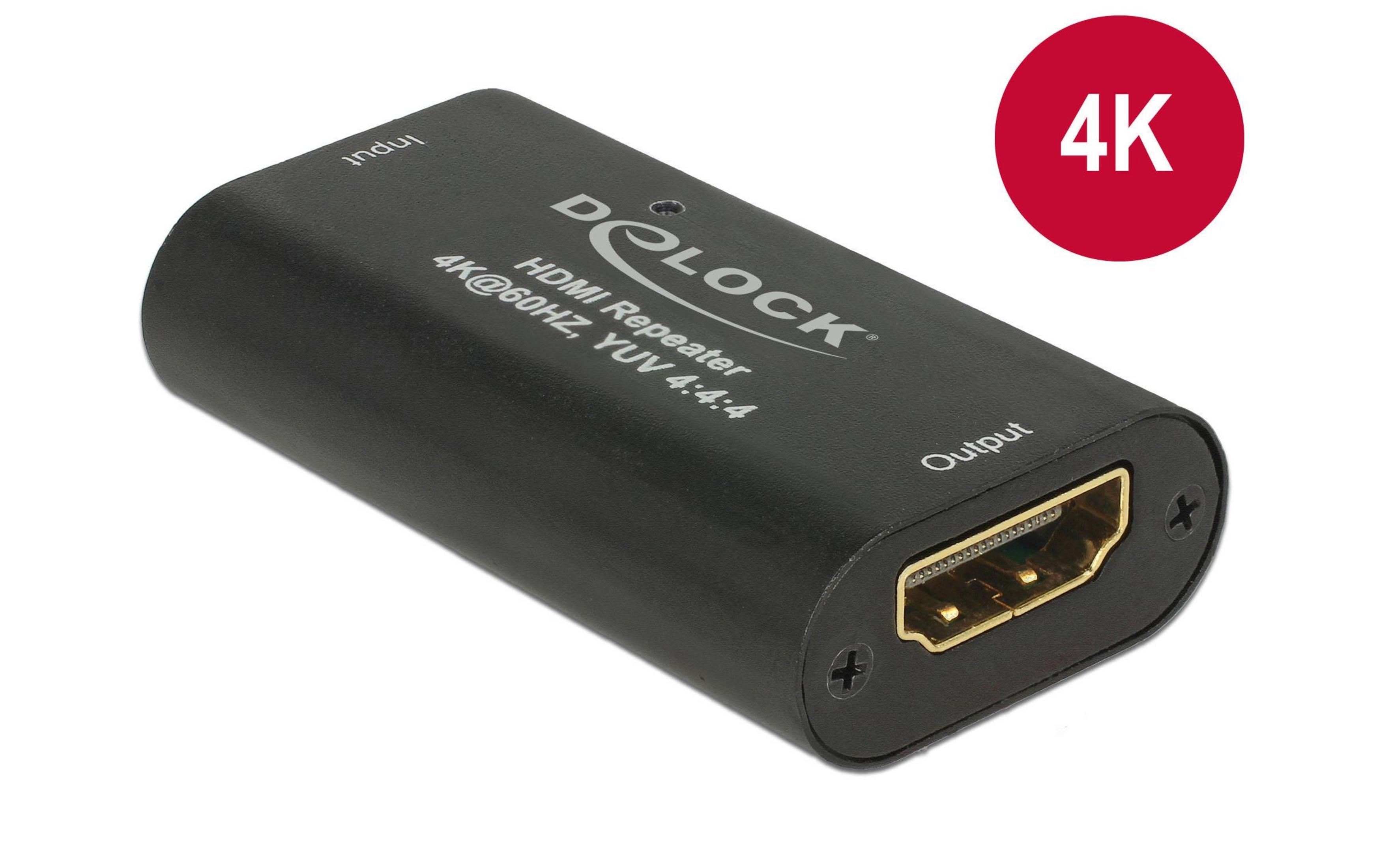 Un ripetitore HDMI Delock nero con adesivo 4K e etichettatura bianca.