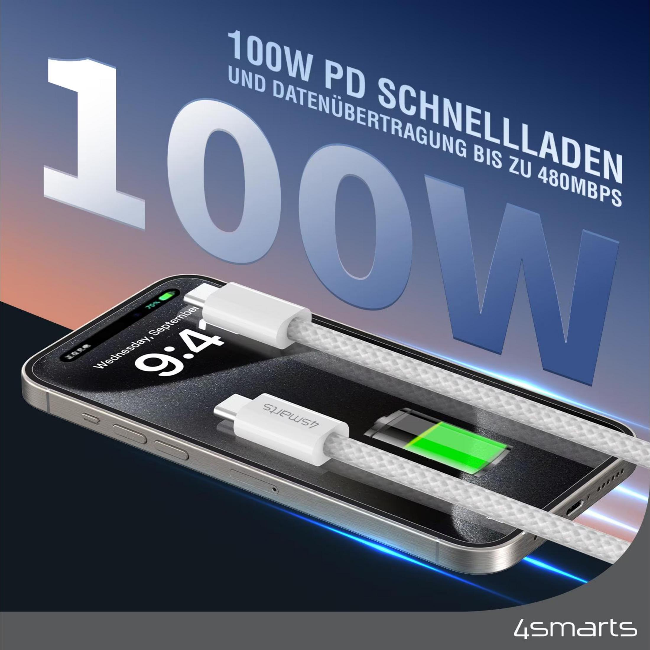 Ein weißes USB-C-Kabel lädt ein Smartphone. "100W" ist groß dargestellt.