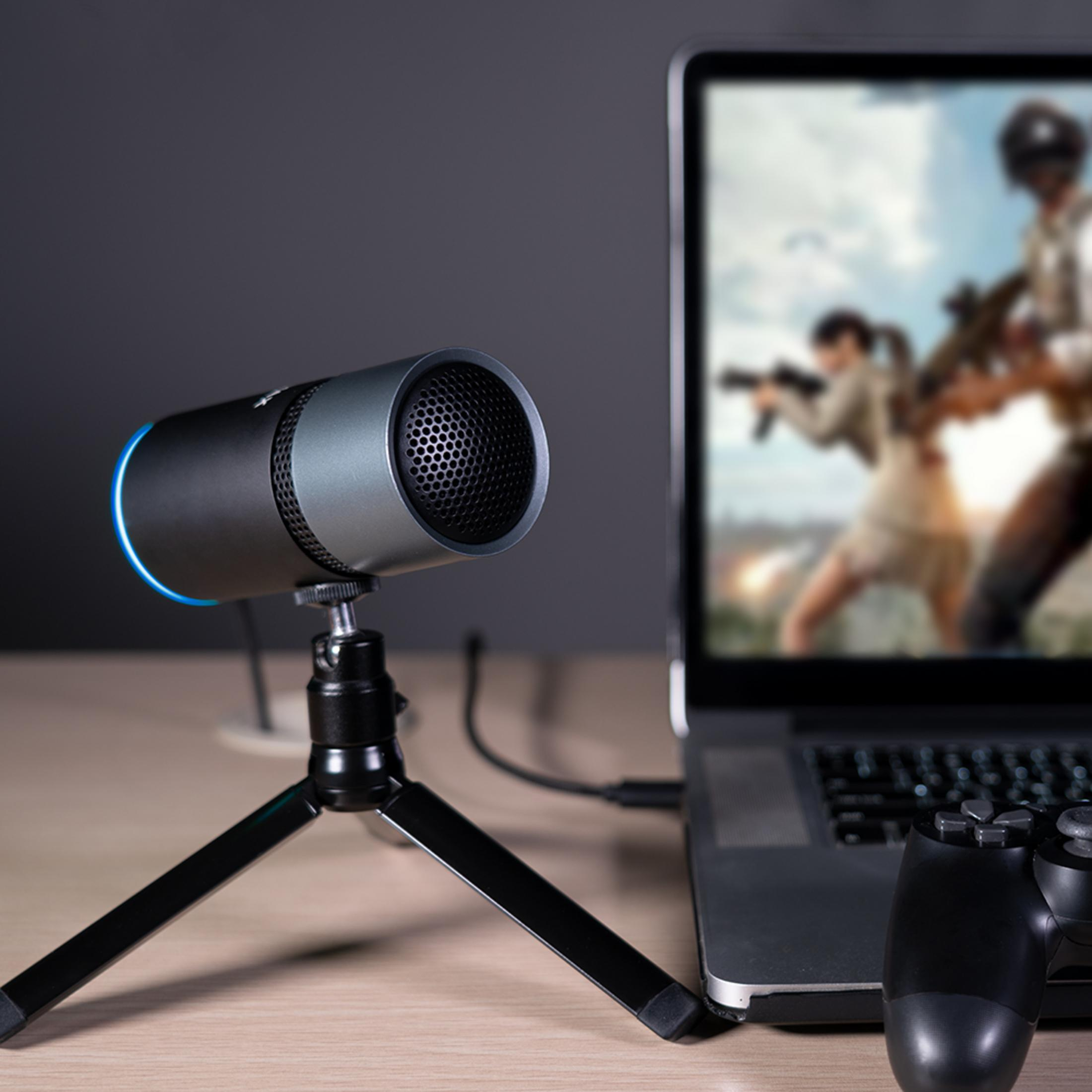 Un microfono accanto a un laptop che mostra un gioco e un controller di gioco.
