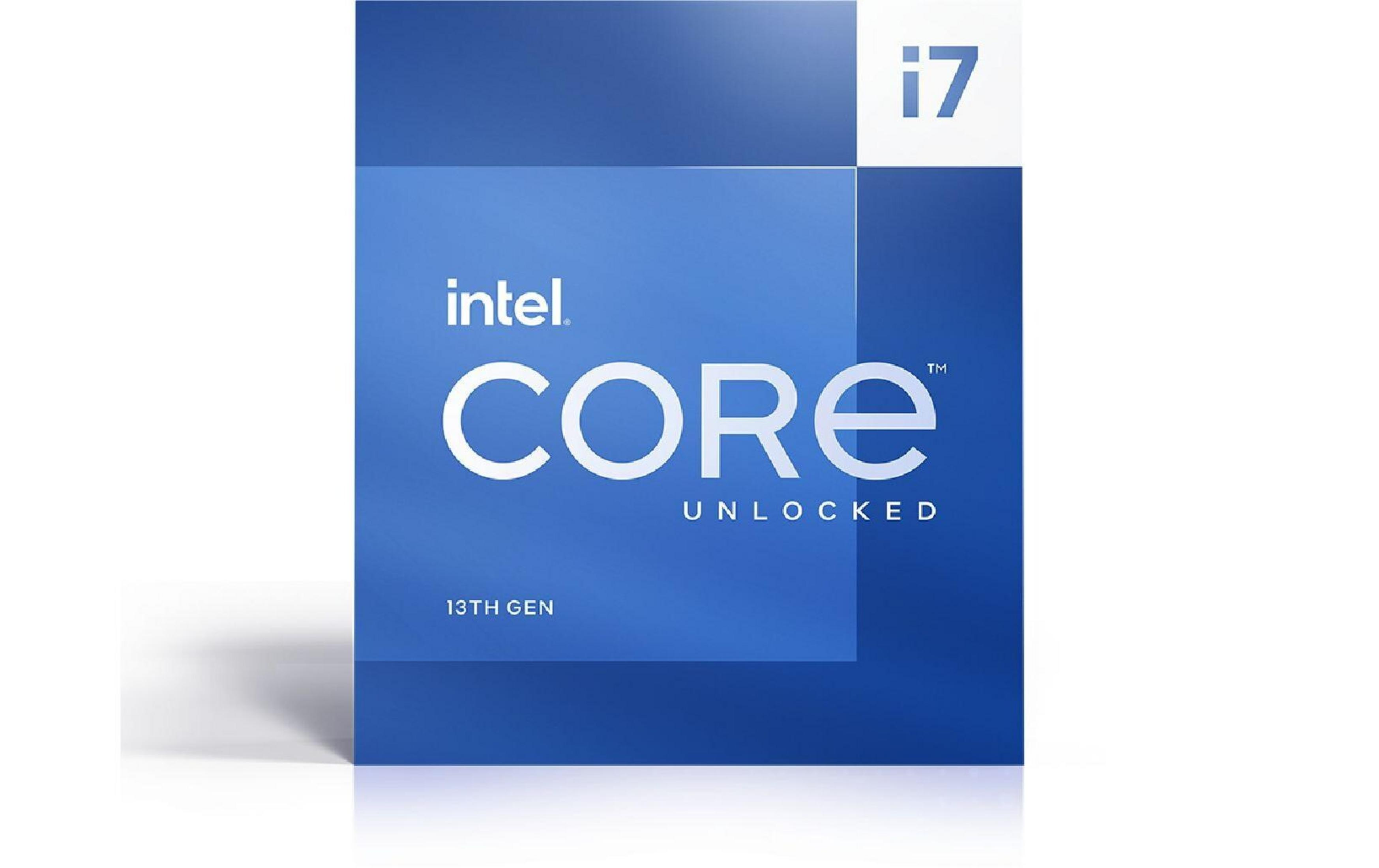 Confezione del processore Intel Core i7 13a Gen con design blu.