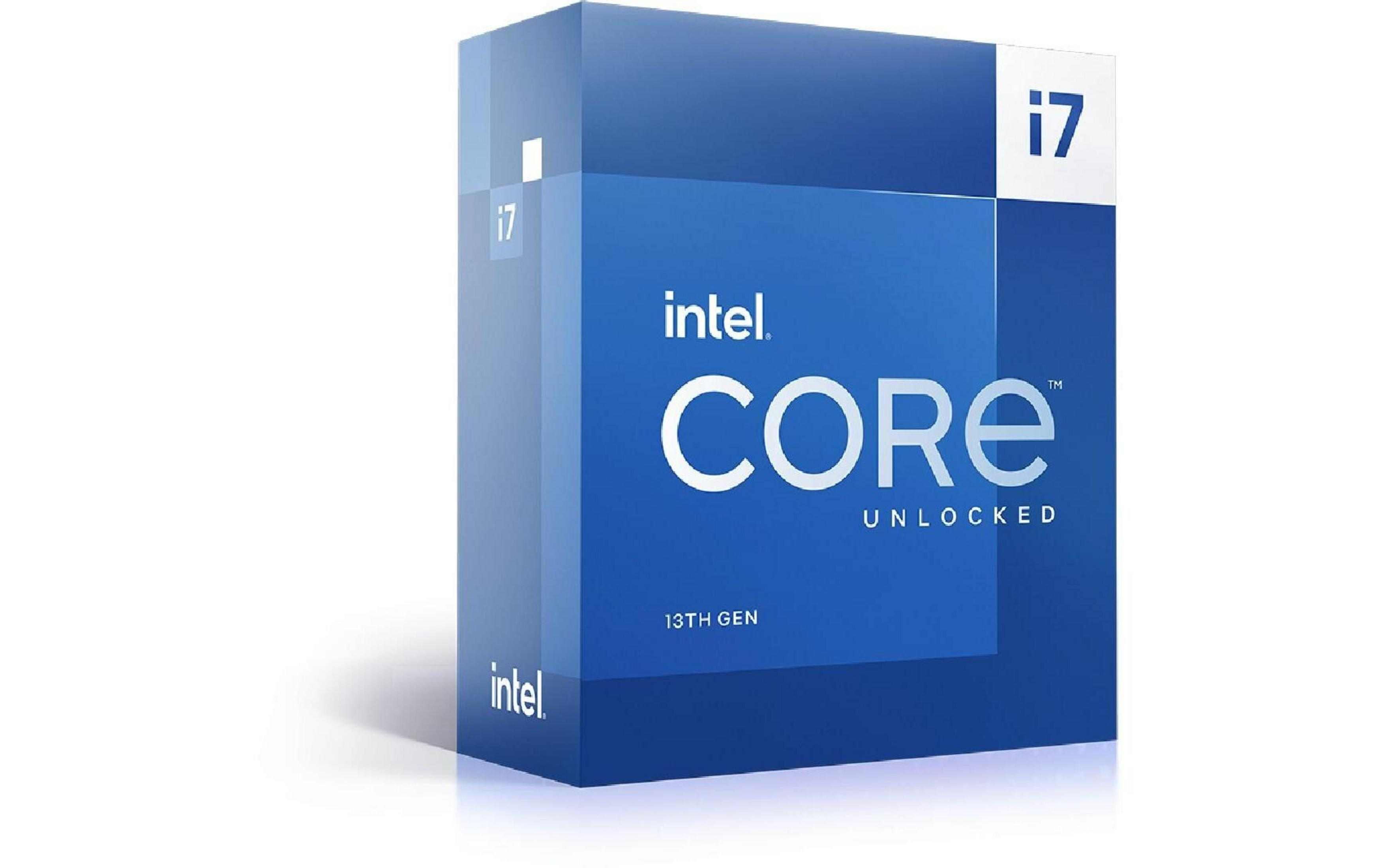 Una scatola blu Intel Core i7 con testo bianco per 13a Gen.