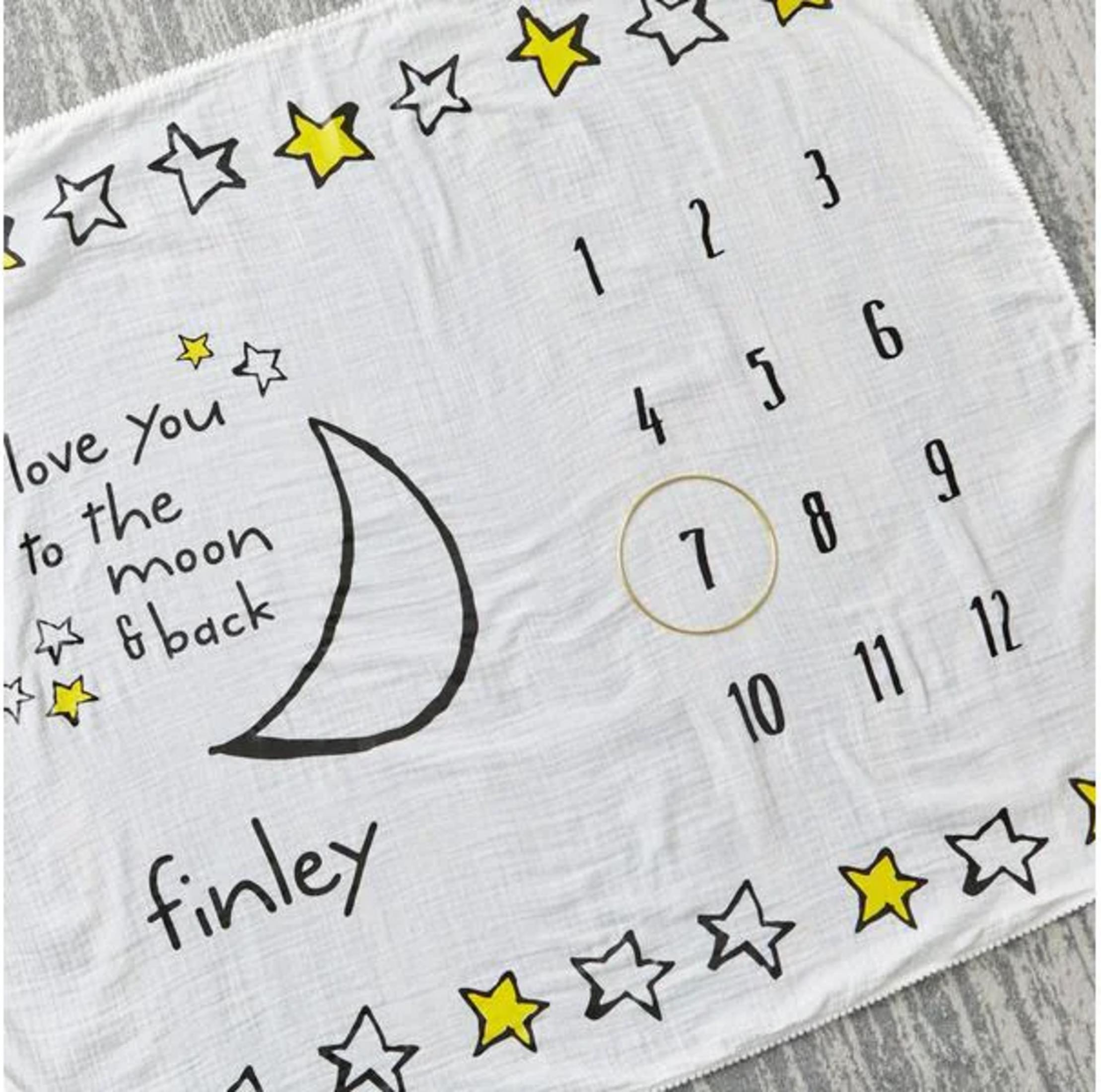 Eine weiße Baby-Meilensteindecke mit Sternen, Mond und Zahlen 1-12.