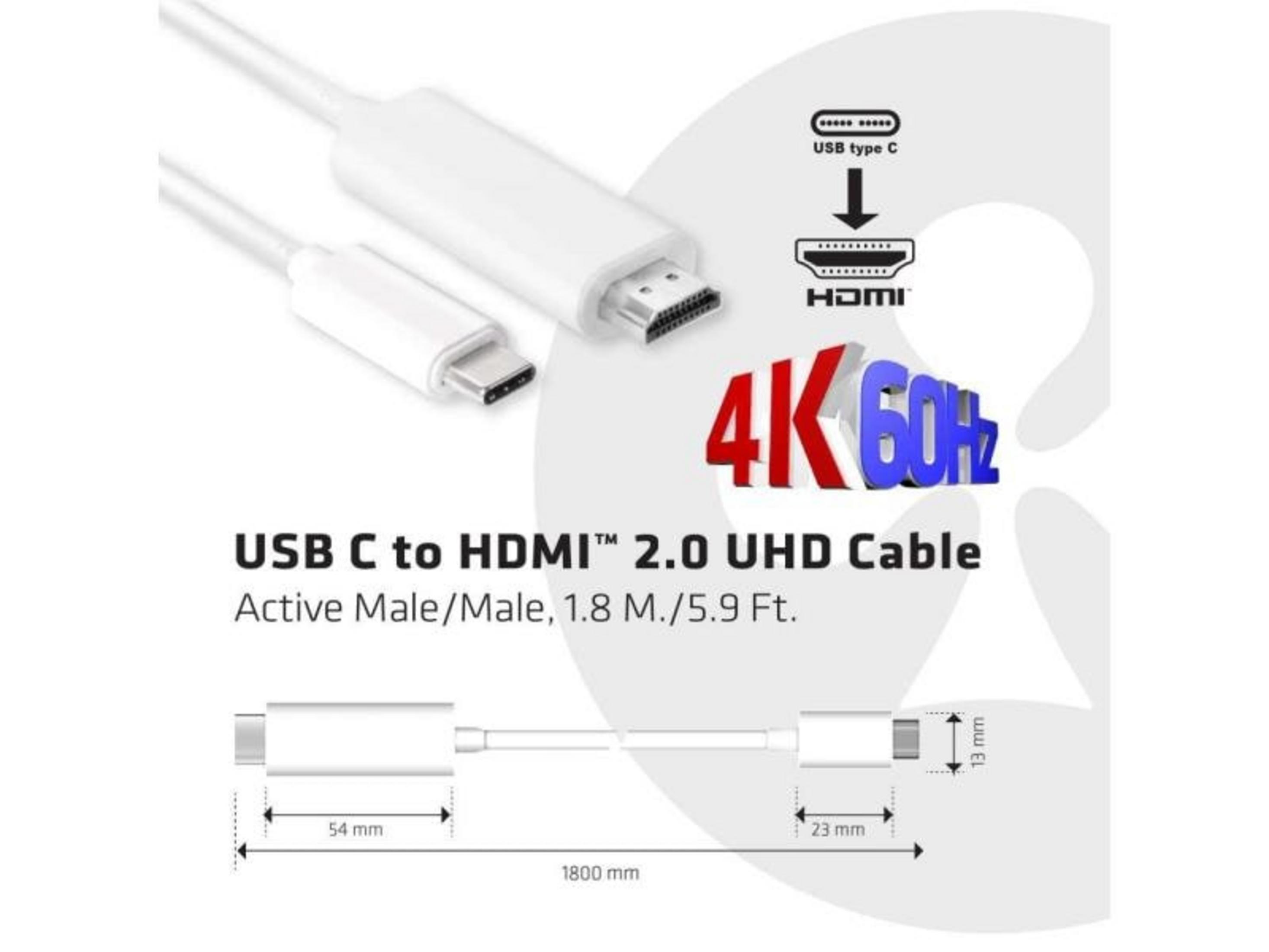 Weißes USB-C-zu-HDMI-Kabel, 1,8 m, mit 4K 60Hz Auflösung.