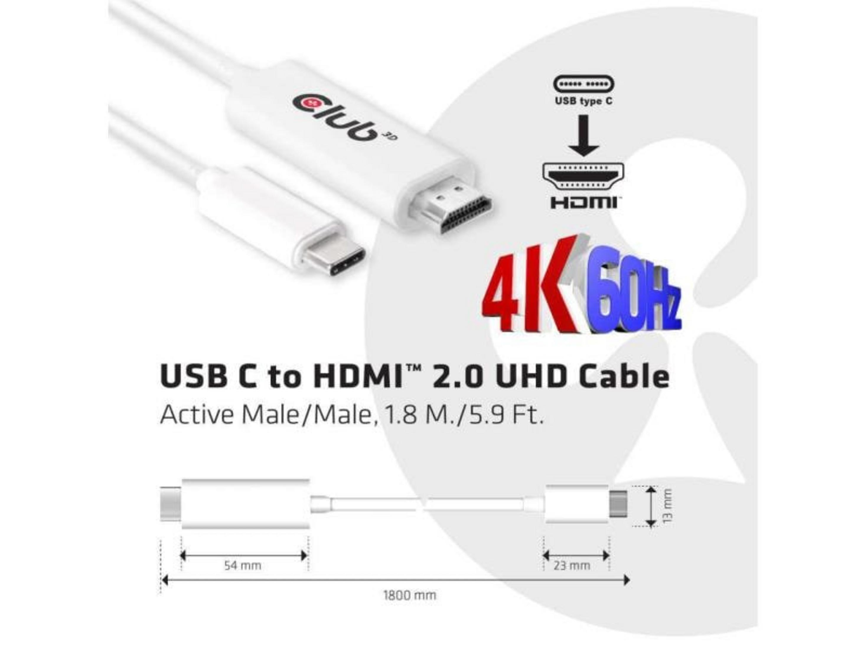 Ein weißes USB-C-zu-HDMI-Kabel mit 4K 60Hz, 1,8m lang.