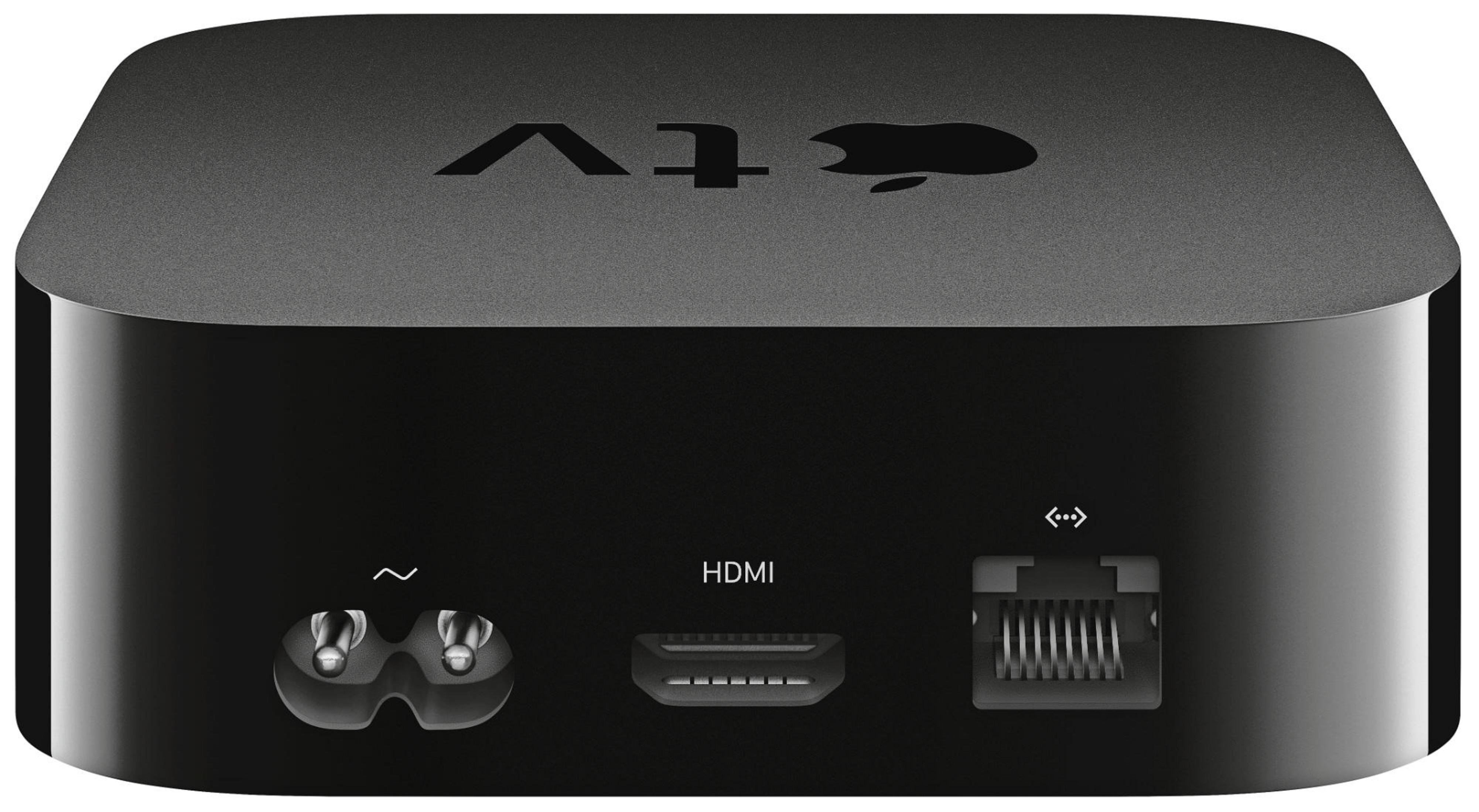 Rückseite eines schwarzen Apple TV-Geräts mit Anschlüssen: Strom, HDMI und Ethernet.