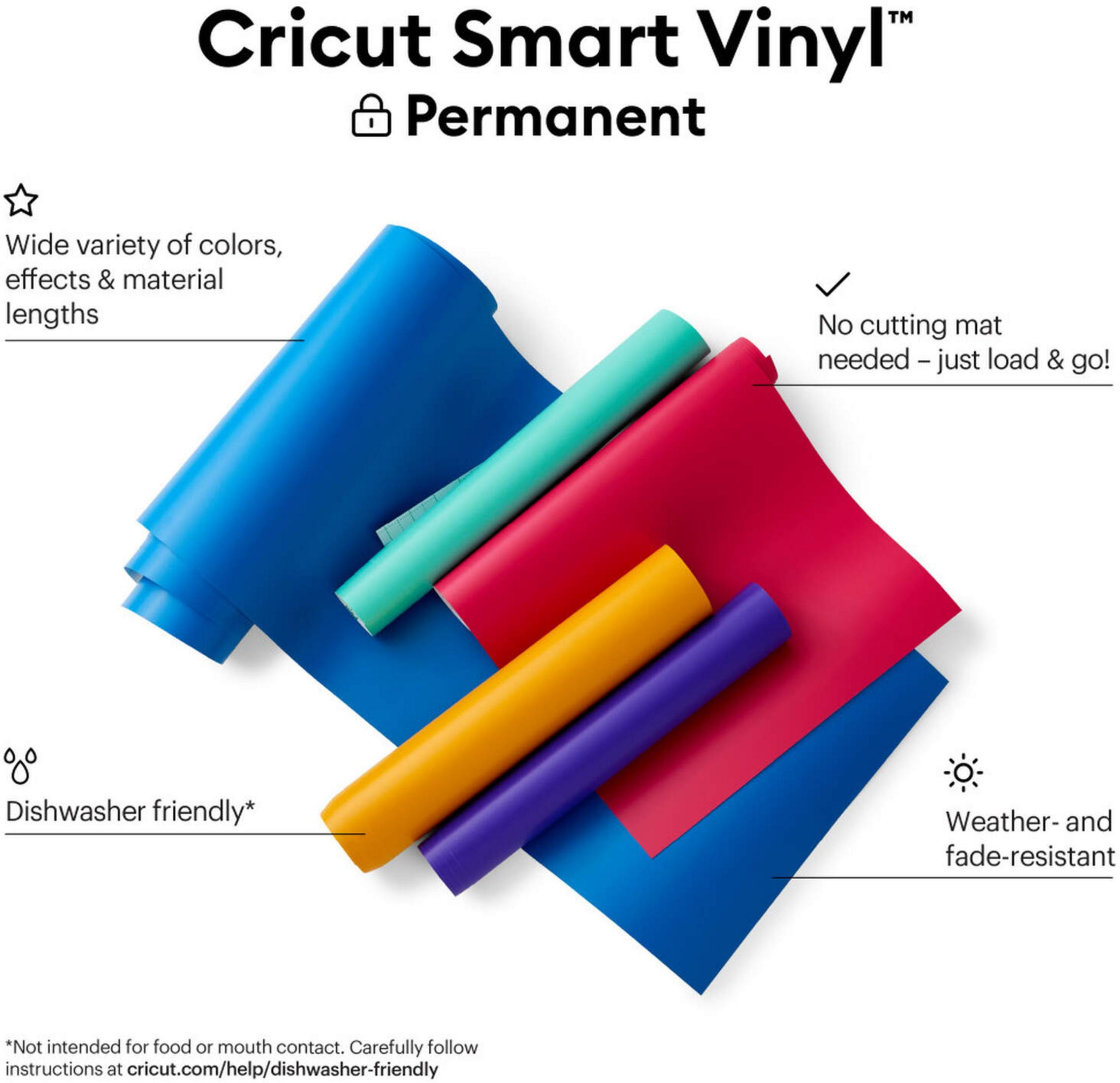 Cricut Smart Vinyl Rollen in Blau, Türkis, Rot, Gelb und Lila.