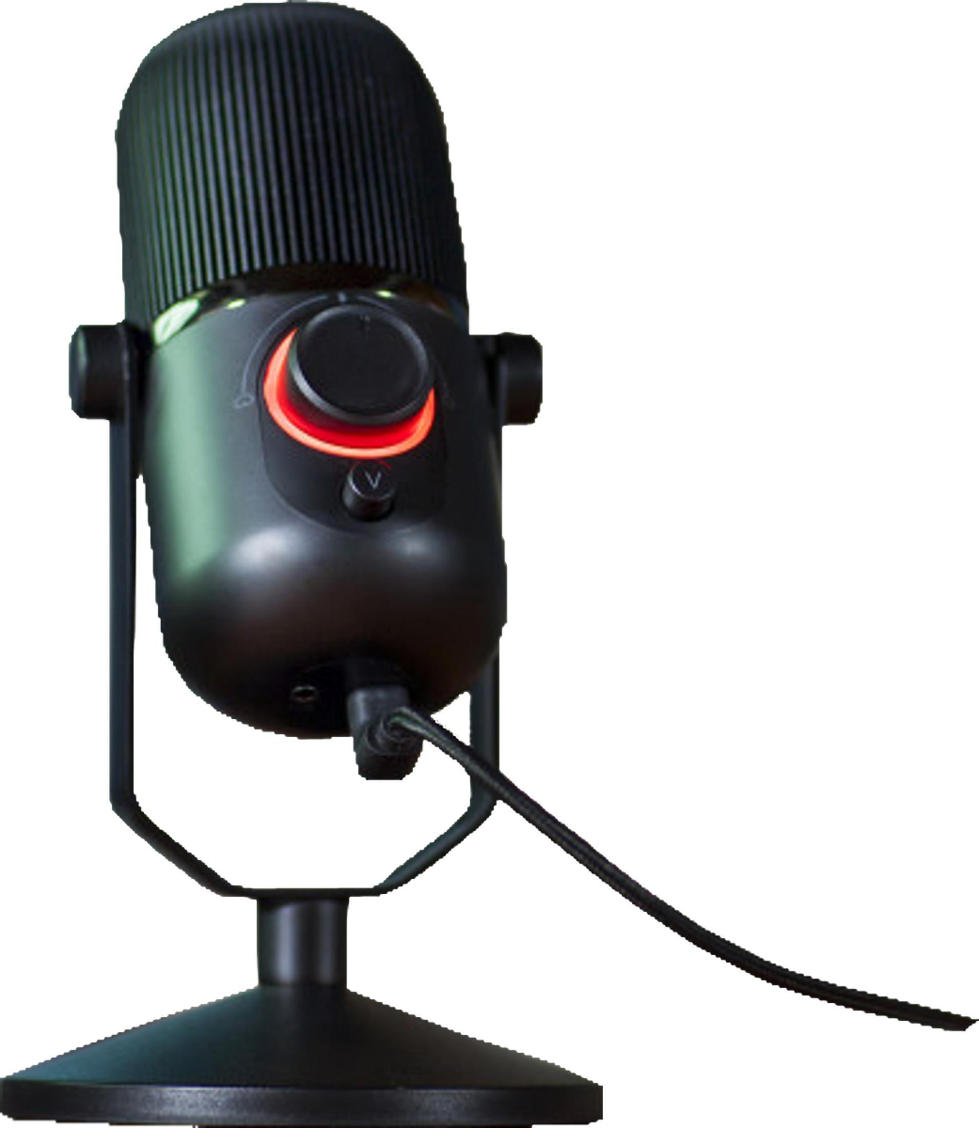 Un microfono nero con illuminazione rossa è su un supporto.