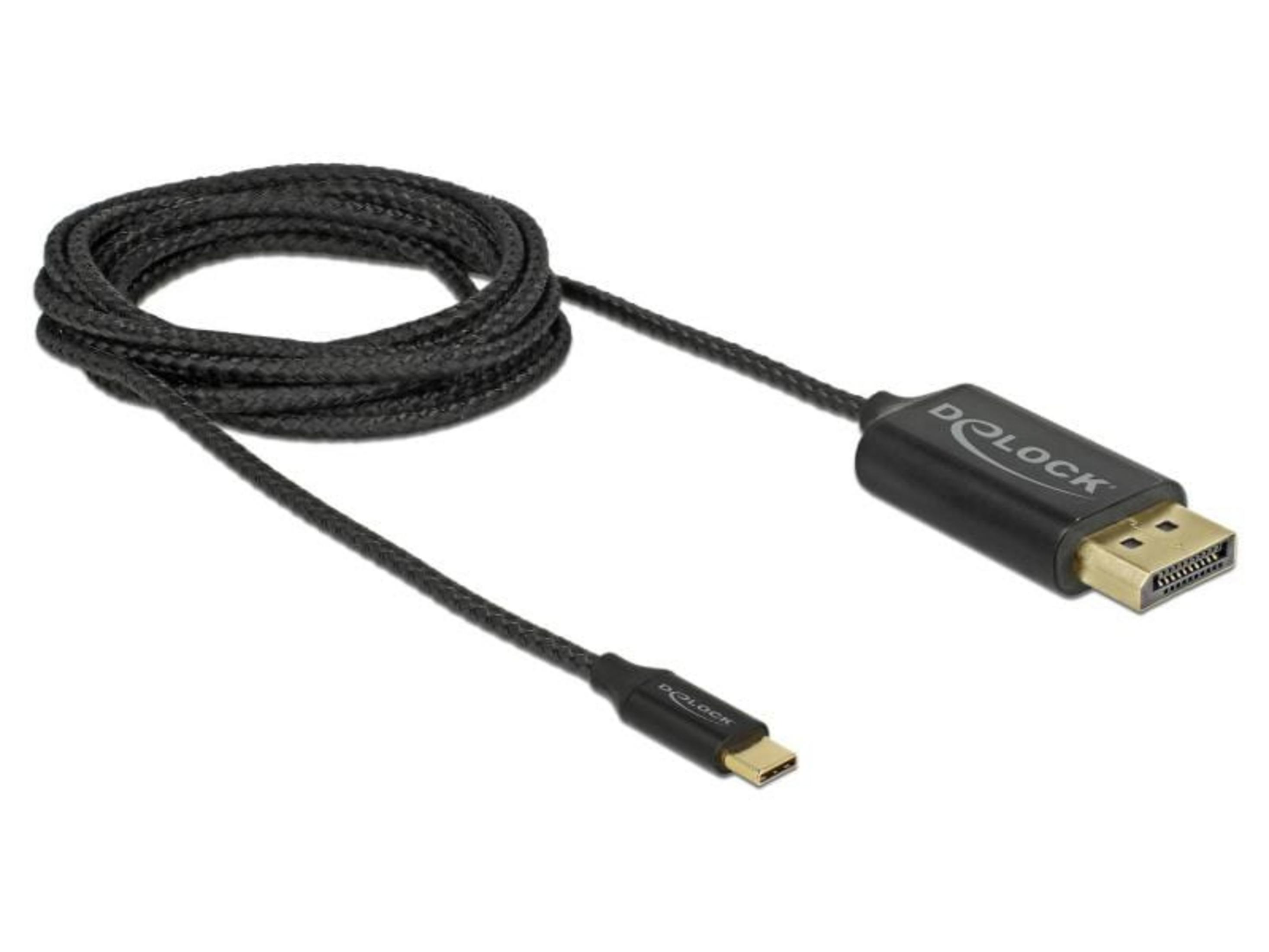 Schwarzes USB-C-zu-DisplayPort-Kabel mit vergoldeten Anschlüssen.