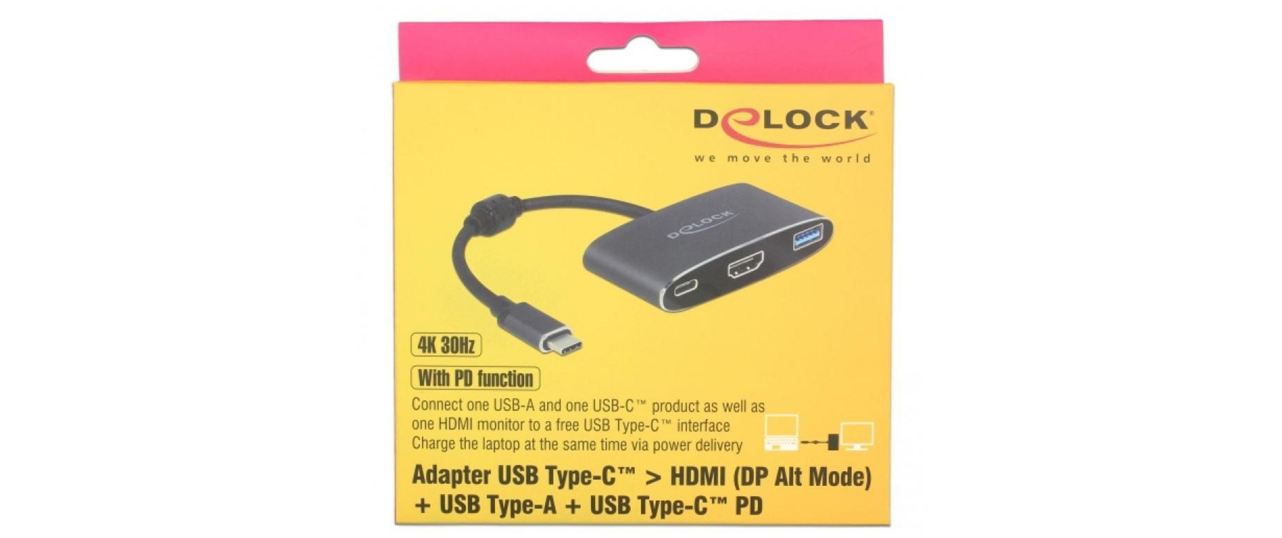 Delock Adapter mit USB-C zu HDMI, USB-A, USB-C PD. 4K 30Hz.