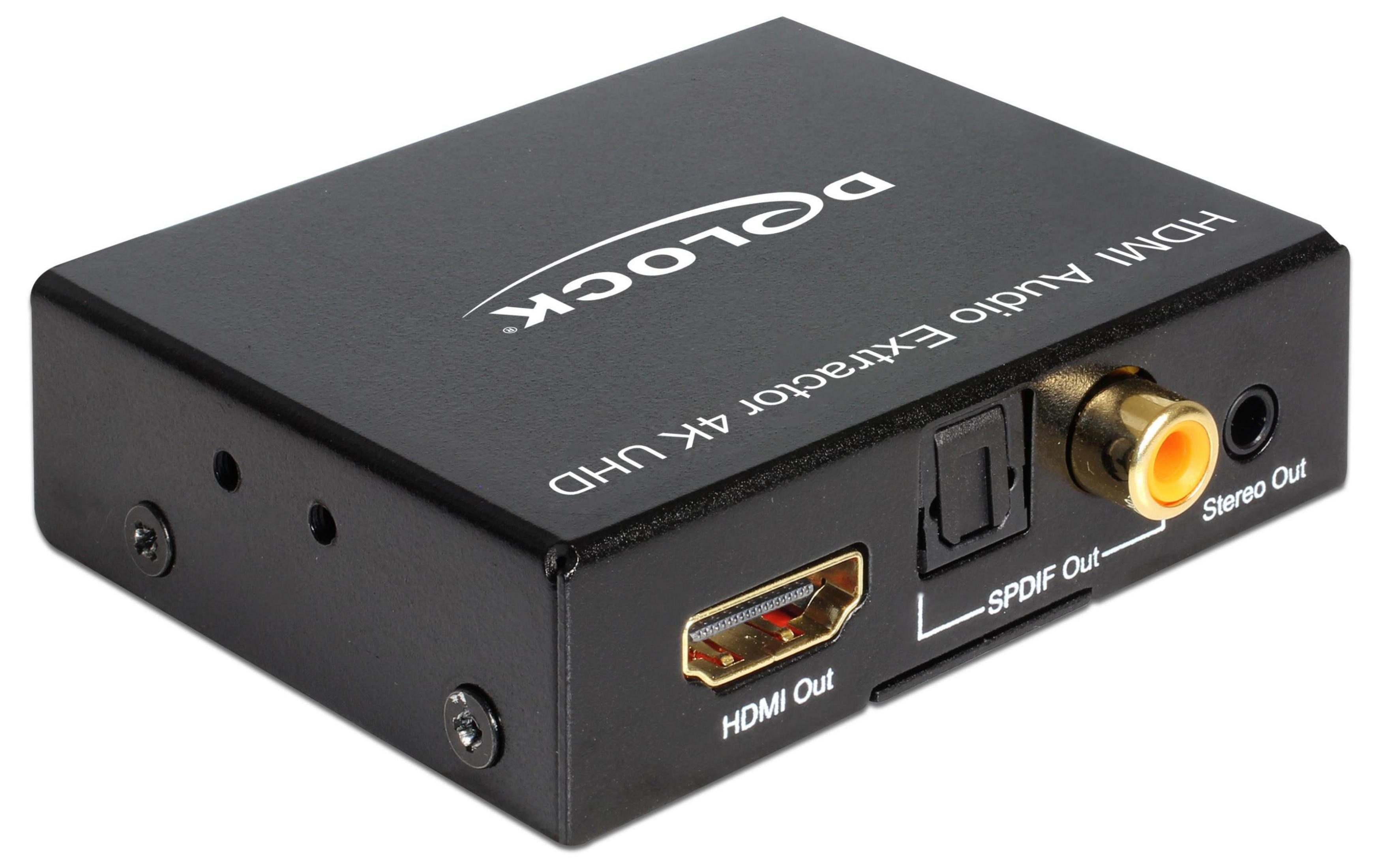 Ein schwarzer HDMI-Audio-Extraktor mit Anschlüssen und Beschriftungen.
