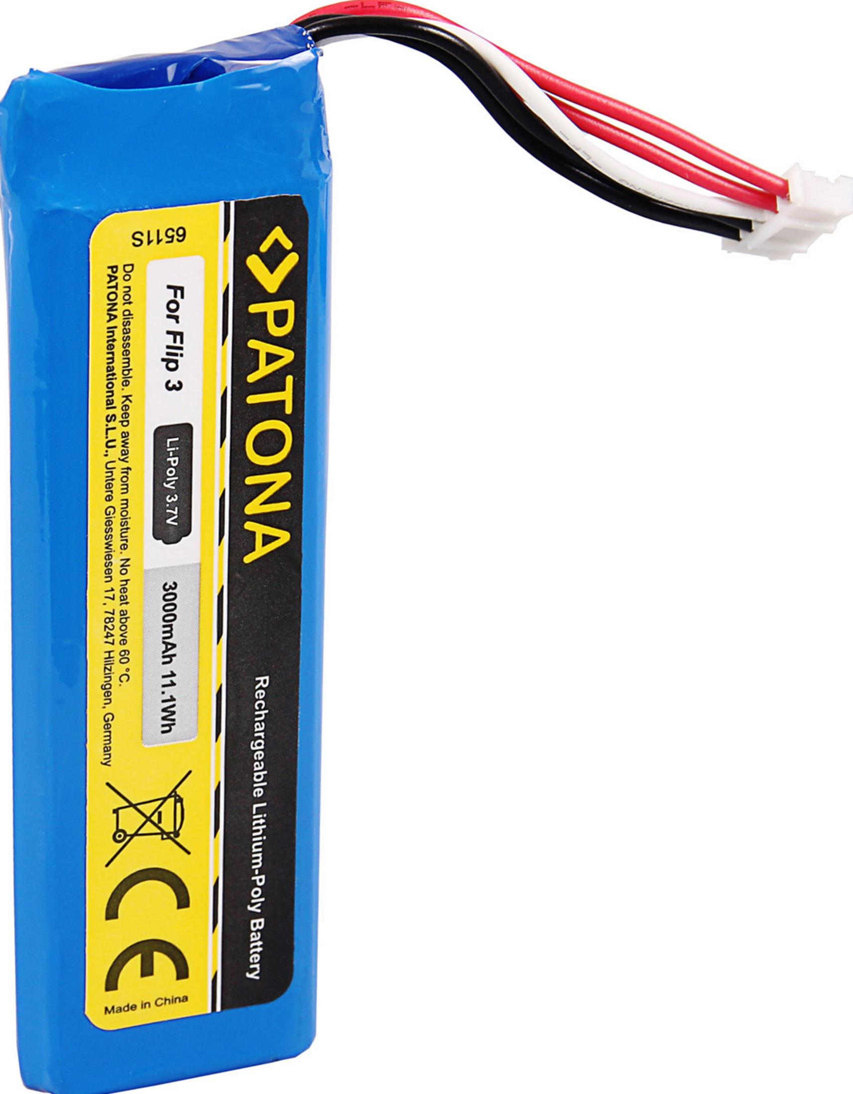 Blauer Li-Poly Akku mit Kabeln: 3.7V, 3000mAh. Marke: PATONA.